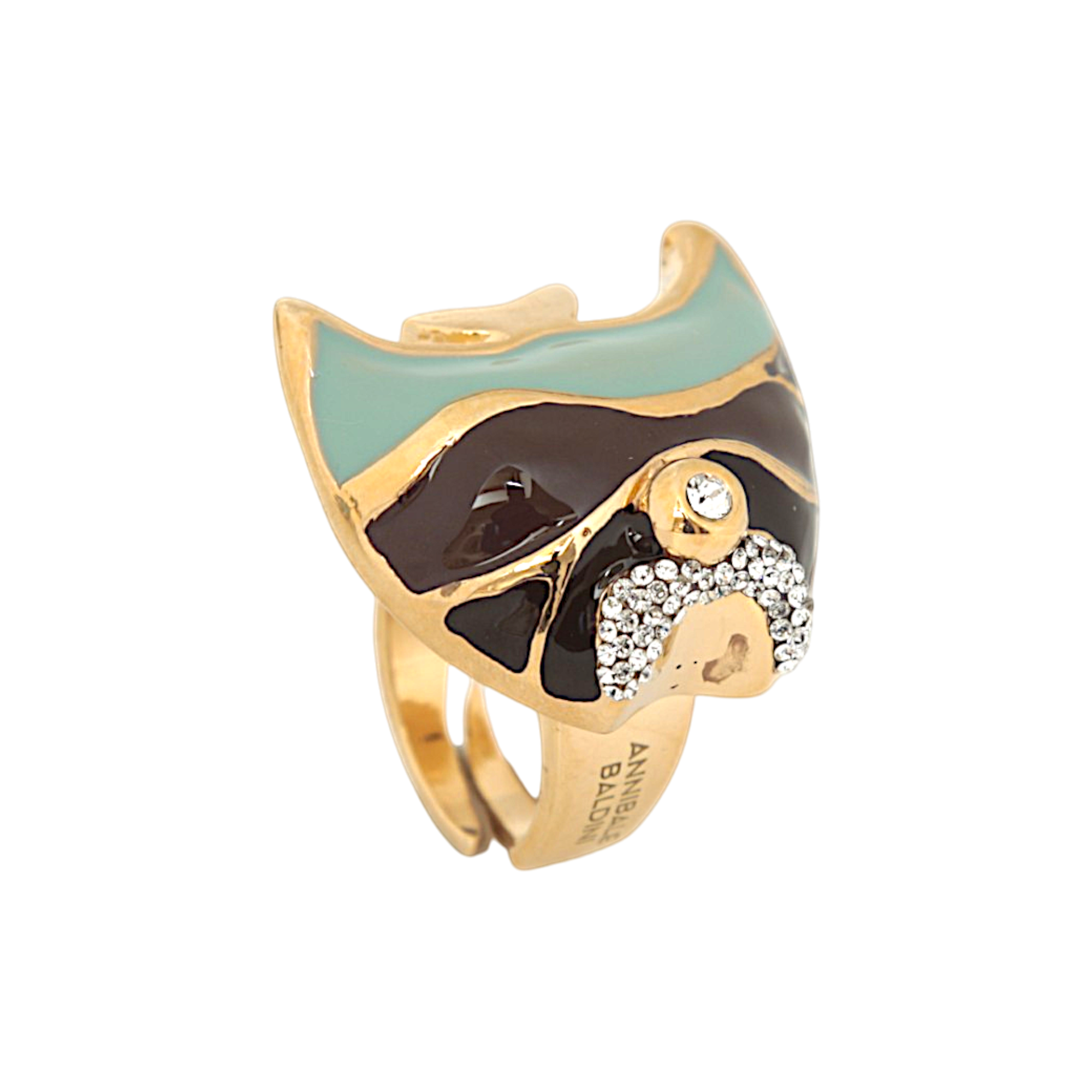 Fish jewel ring in hand-enamelled 24 kt gold plated brass with Swarovski crystals, Made in Italy