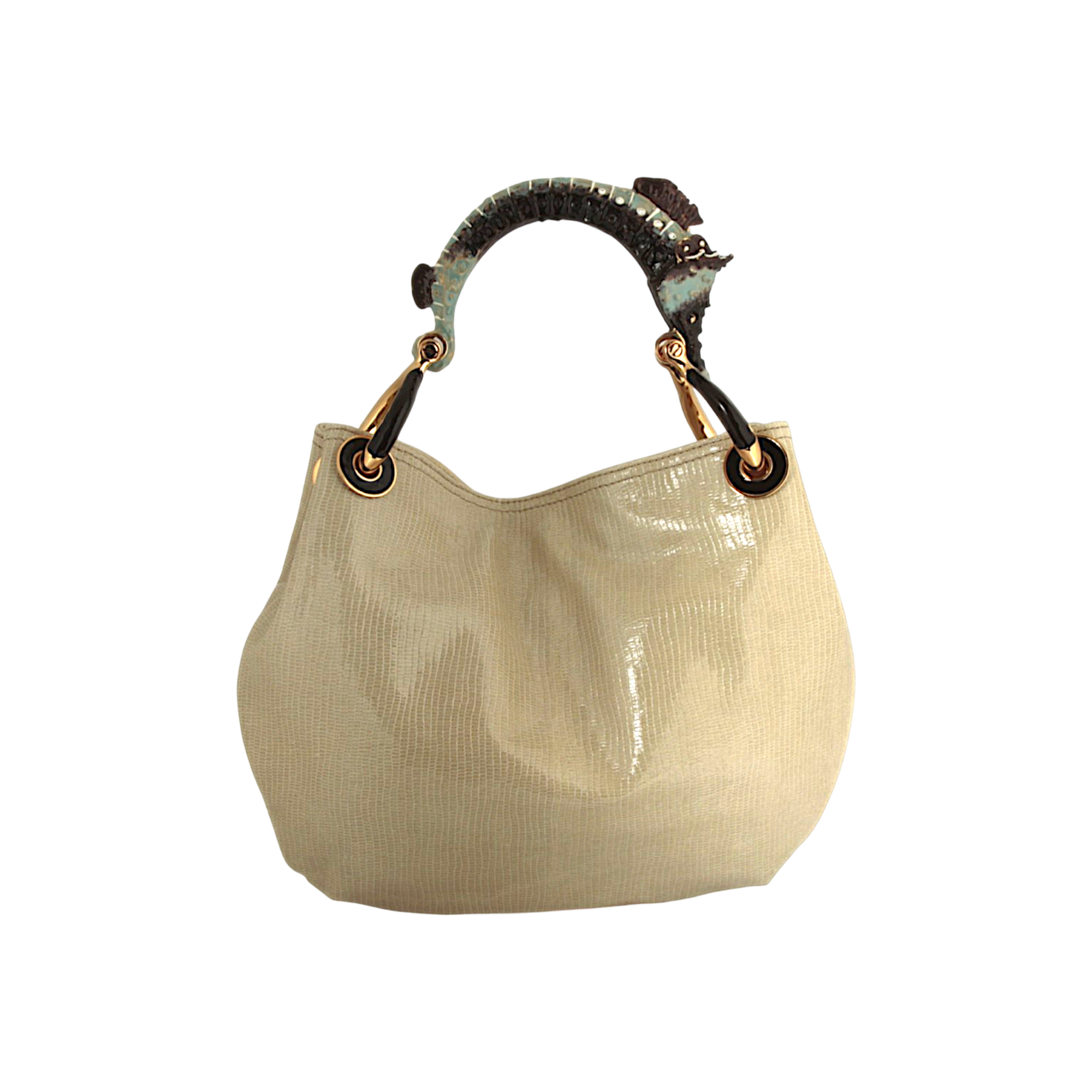 Sea Horse Small Handbag with Cream Lizard-Printed Leather