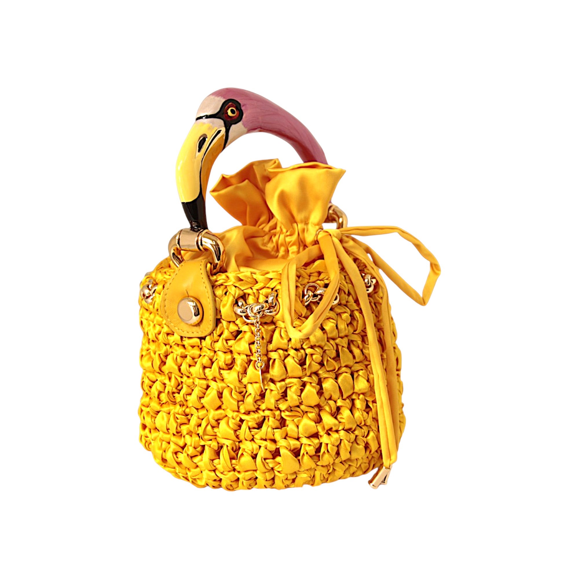 Yellow Bucket Bag with Flamingo Sculpture Handle