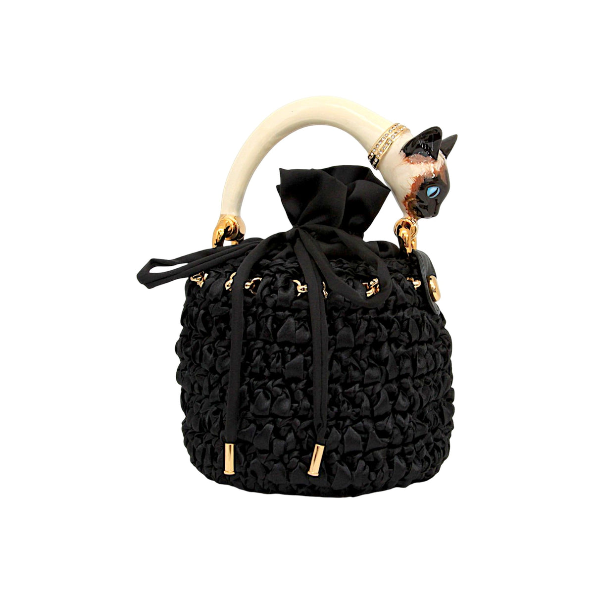 Black handcrafted satin crochet bucket bag with sculptural enamel cat handle and gold-tone details, Made in Italy