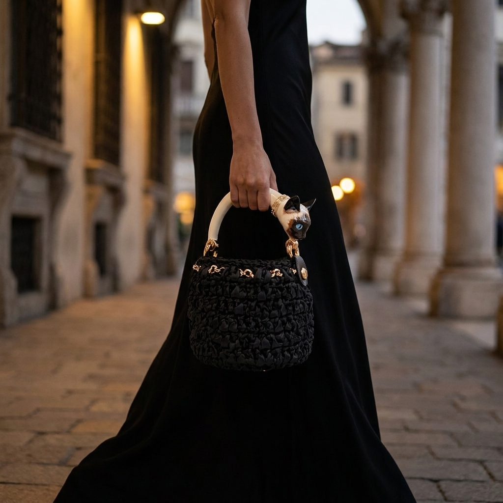 Woman carrying a small black crochet bucket bag with sculptural cat handle, handmade in Italy