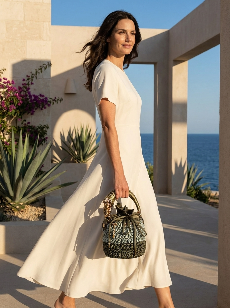 Two-Tone Green Bucket Bag with Crocodile Sculpture Handle