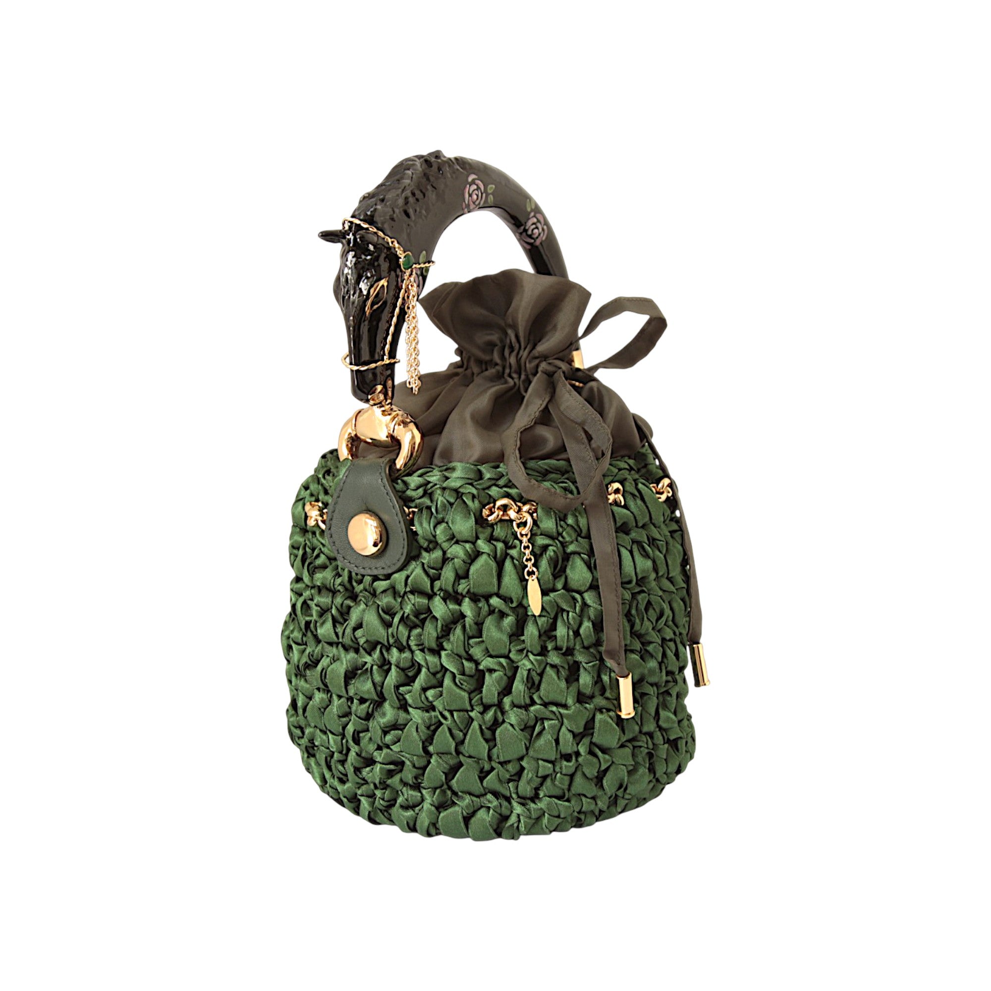 Green Bucket Bag with Black Horse Sculpture Handle