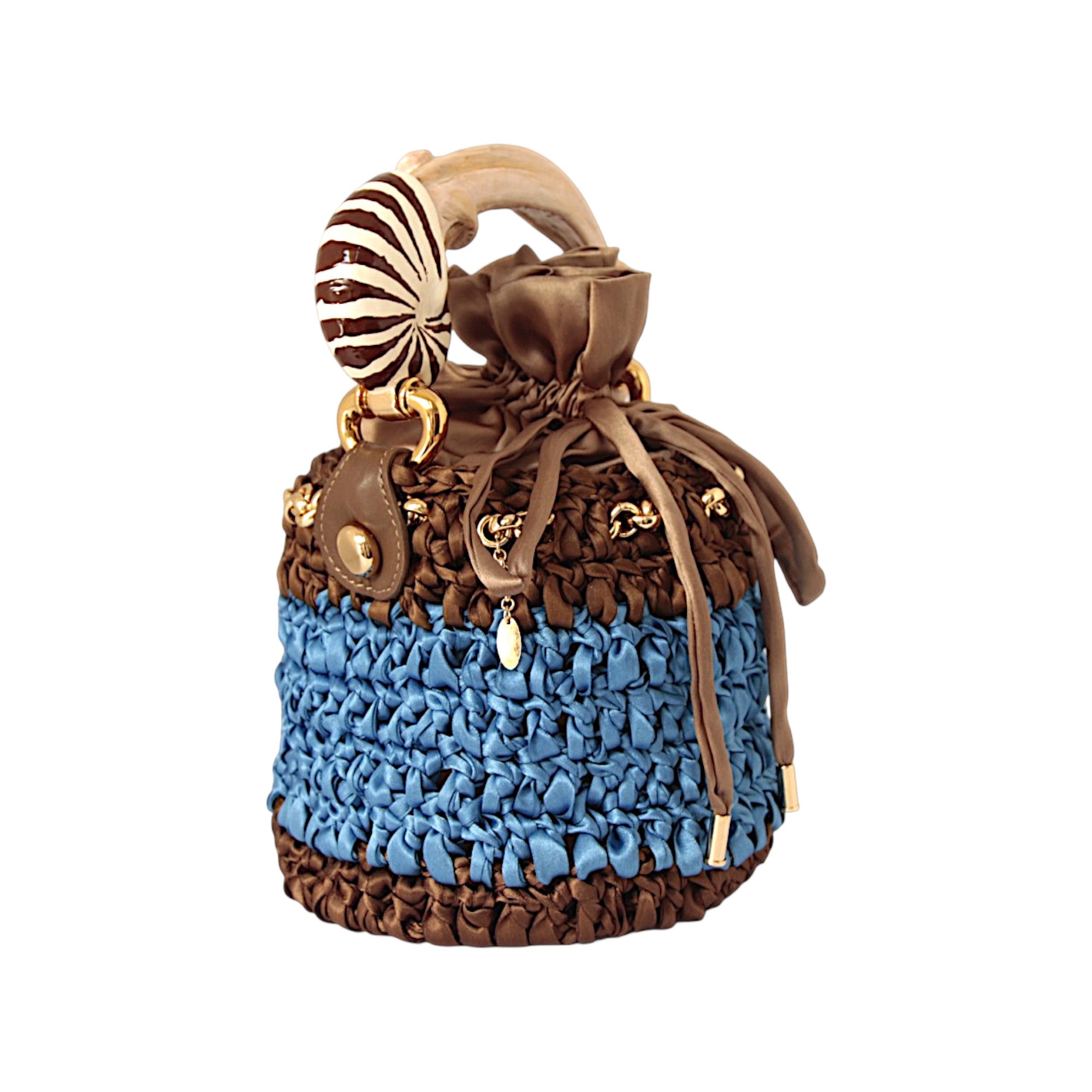 Handmade Italian blue and brown bucket bag with marine-inspired sculptural handle