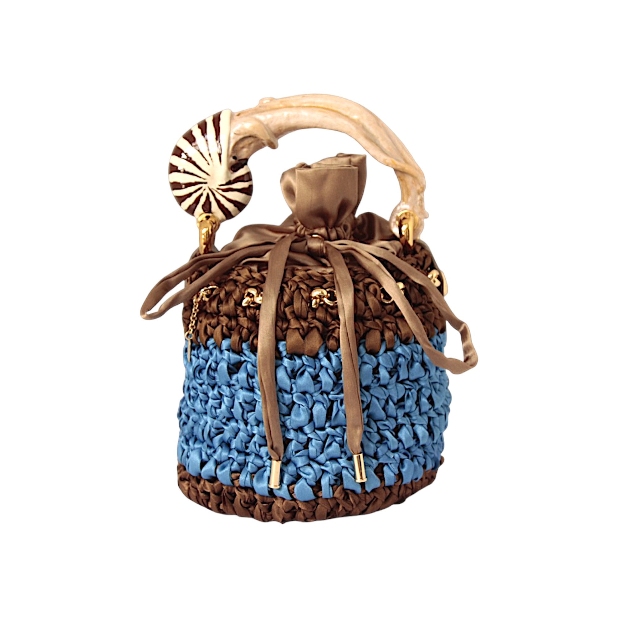 Handmade Italian blue and brown bucket bag with marine-inspired sculptural handle