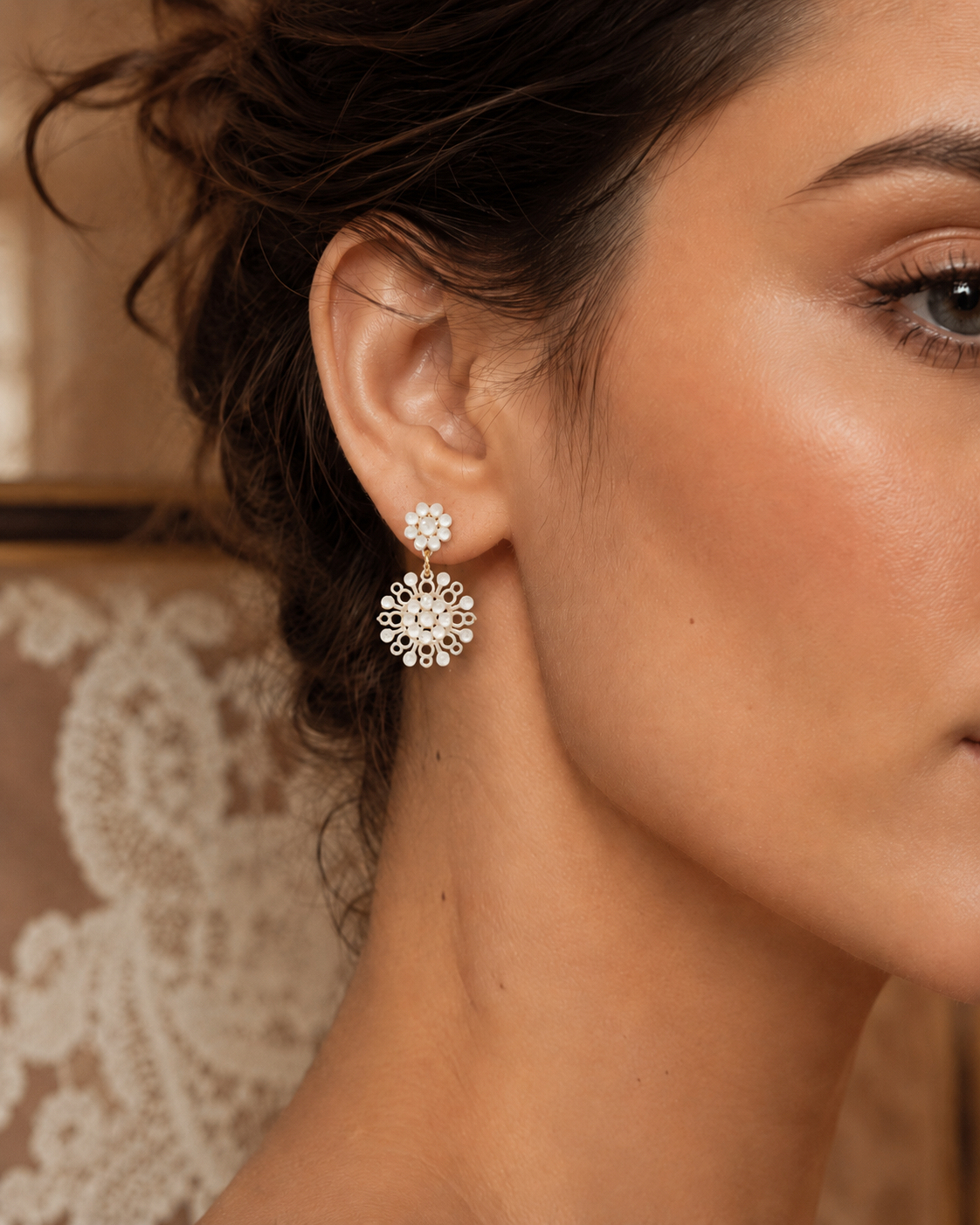 Merletti 04 Petite Drop Earring in Ivory shown worn to demonstrate its actual proportions and delicate scale.