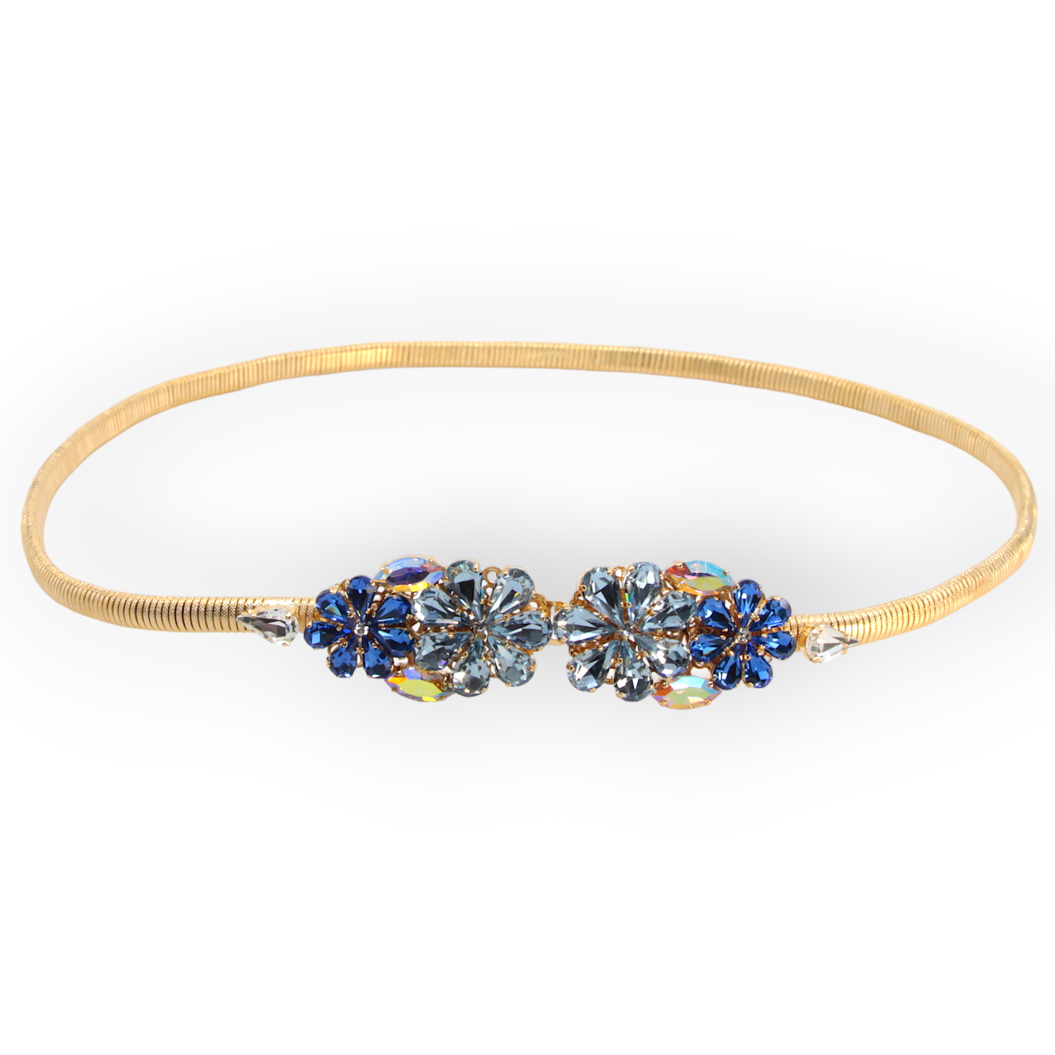 Daisy Aquamarine Crystal Flower Belt with blue floral crystal buckle and stretch gold mesh