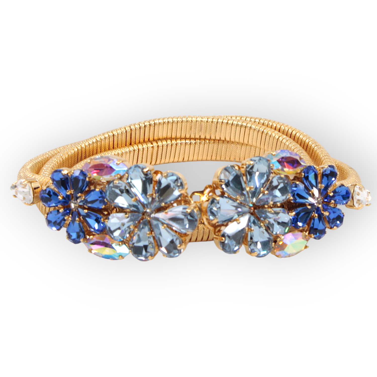 Daisy Aquamarine Crystal Flower Belt with blue floral crystal buckle and stretch gold mesh