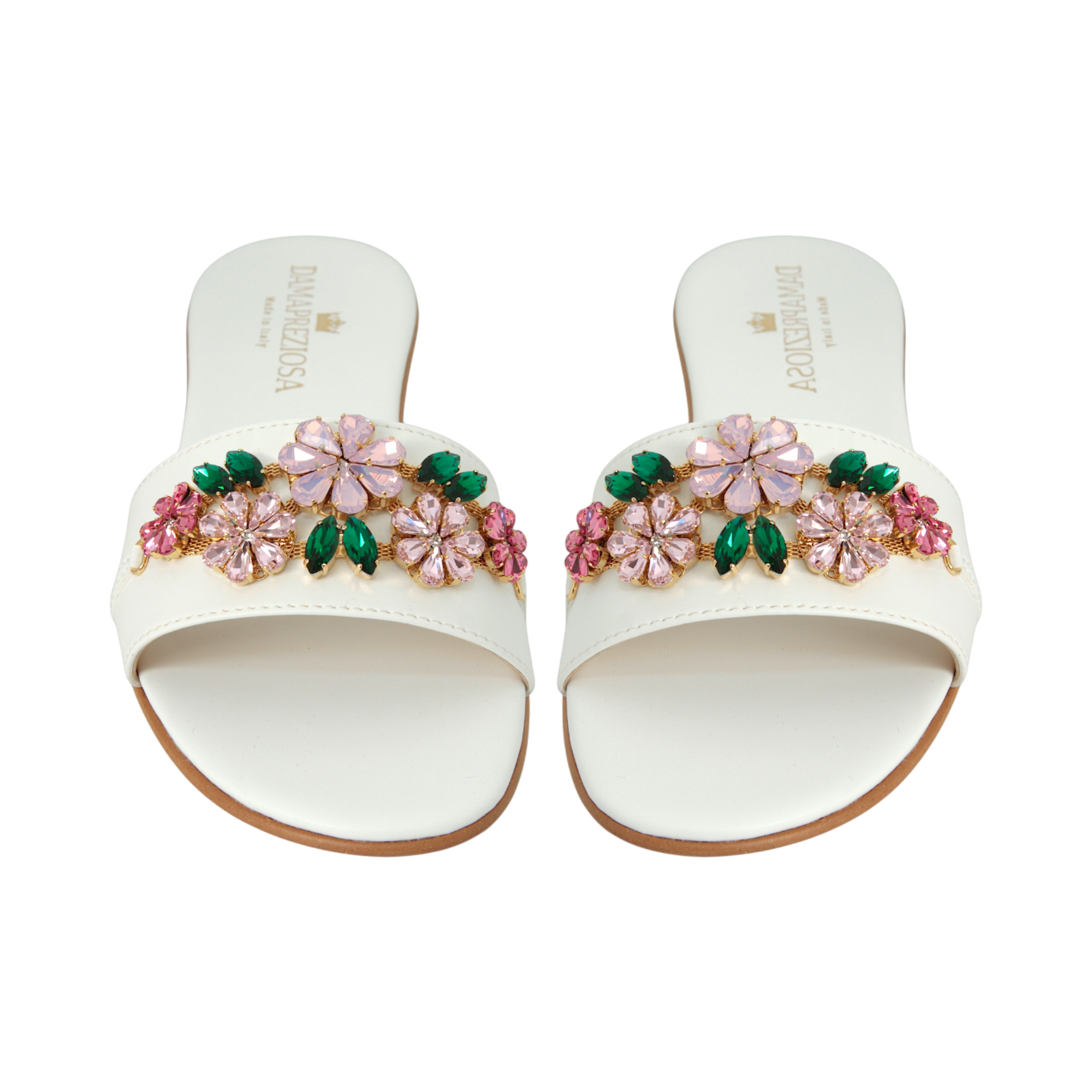 White DAMAPREZIOSA mule sandal with bouquet jewel embellishment, Made in Italy