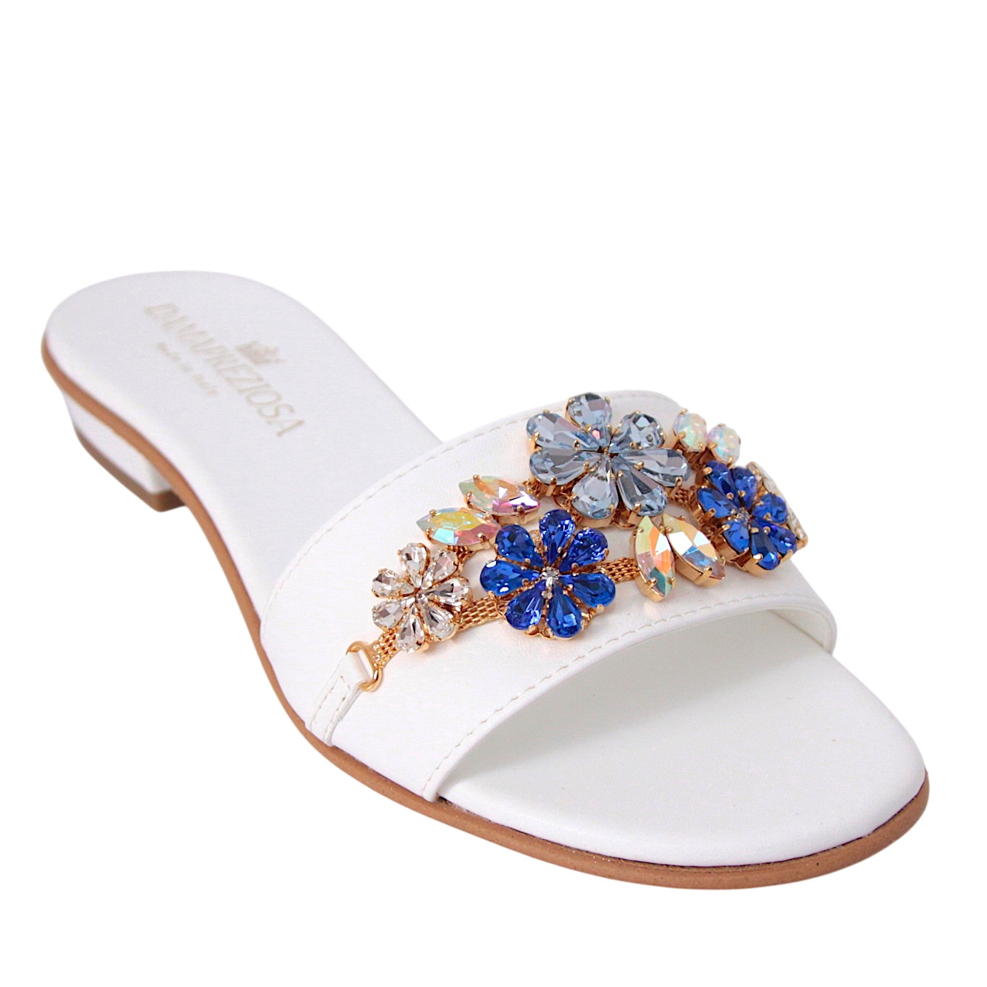 Flora White Jewel Mule Sandal Aquamarine