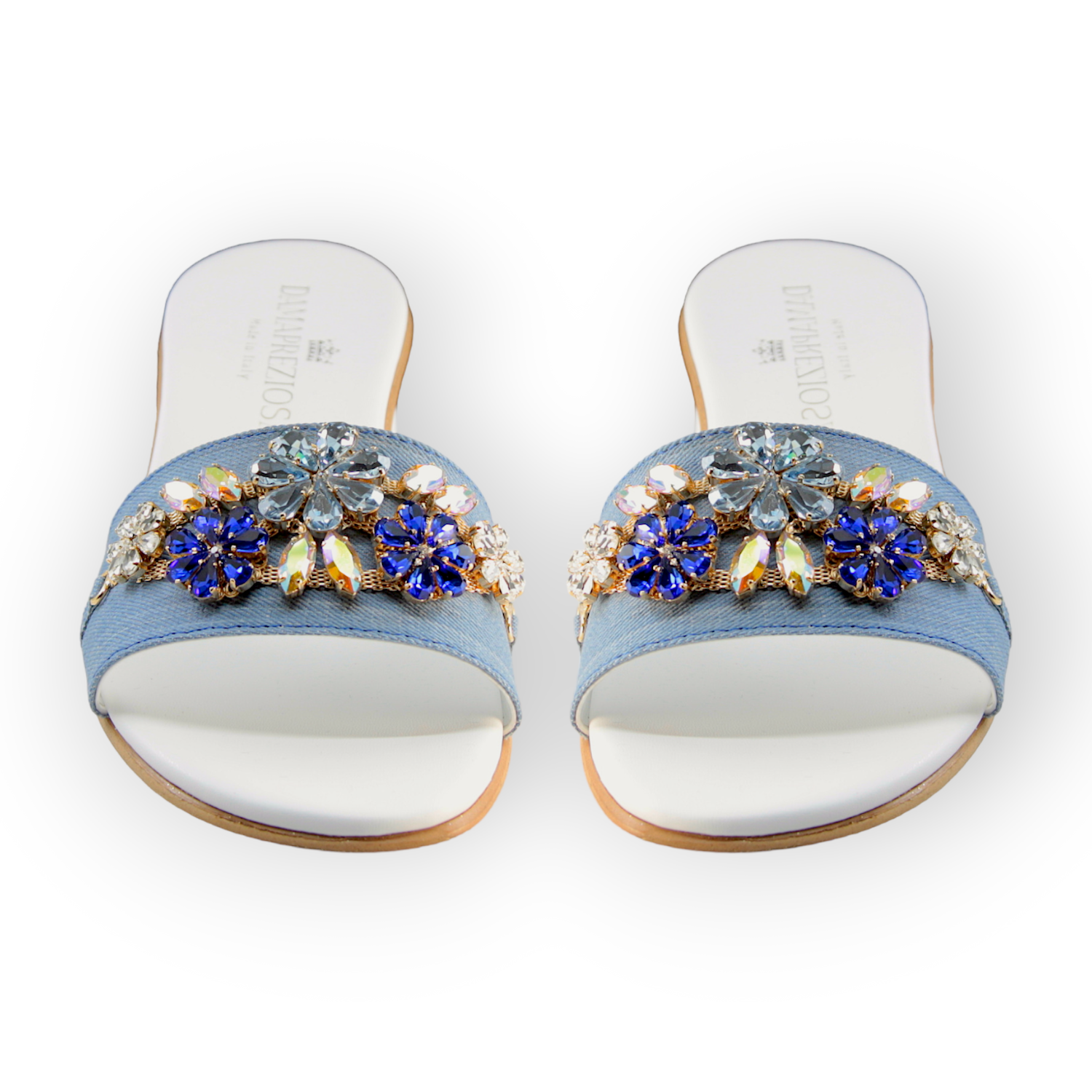 Flora Denim Mule Sandals With Sapphire Crystals