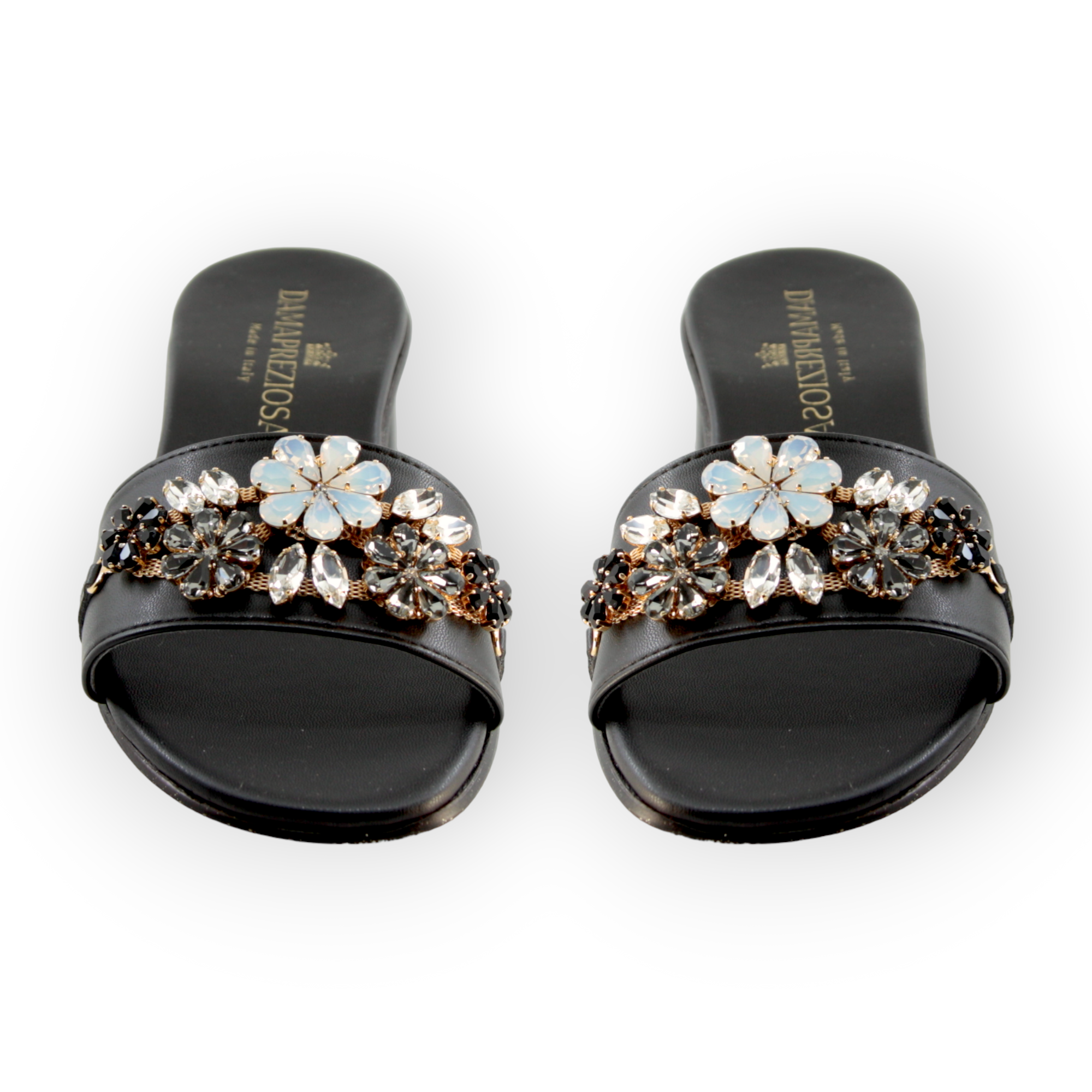 Flora Black Mule Sandals With Crystals
