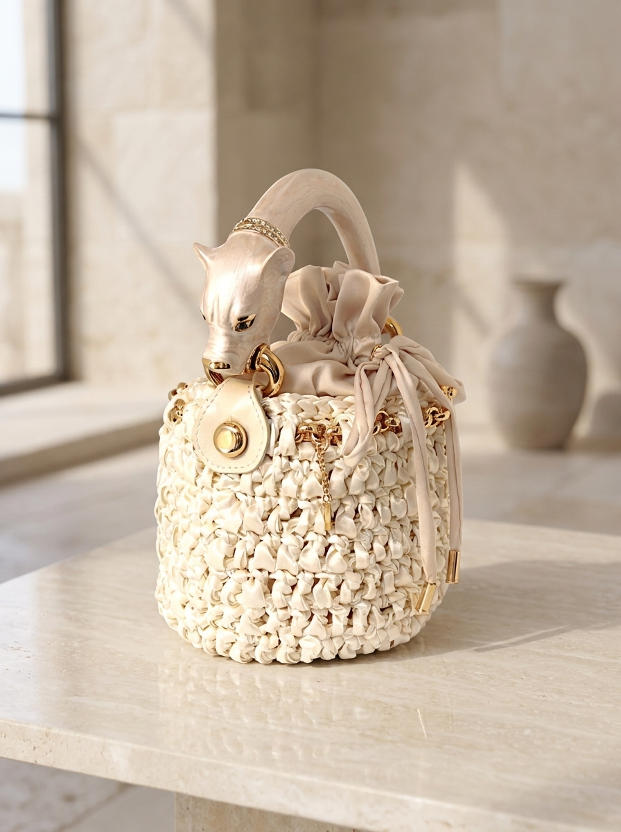 Ivory bucket bag in crocheted satin with pearlescent panther sculpture handle