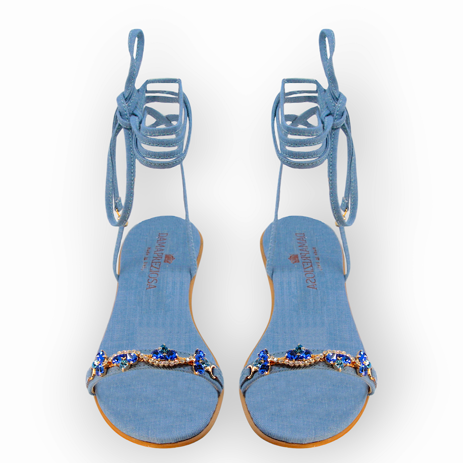 Lulù Light Blue Denim Lace-Up Flat Sandal With Sapphire crystal drops.
