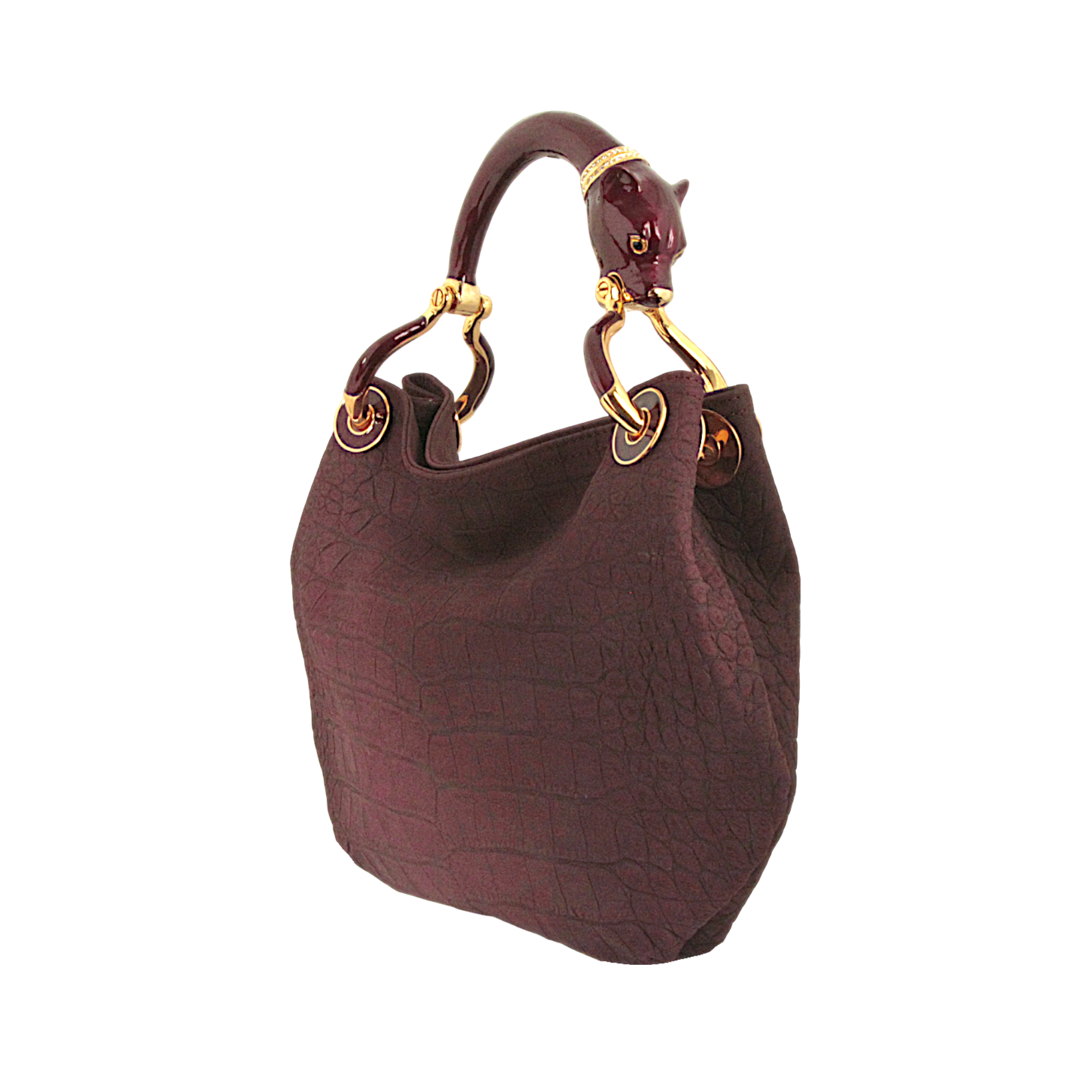 BURGUNDY PANTHER SMALL HANDBAG WITH BURGUNDY CROCO PRINTED NABUK LEATHER