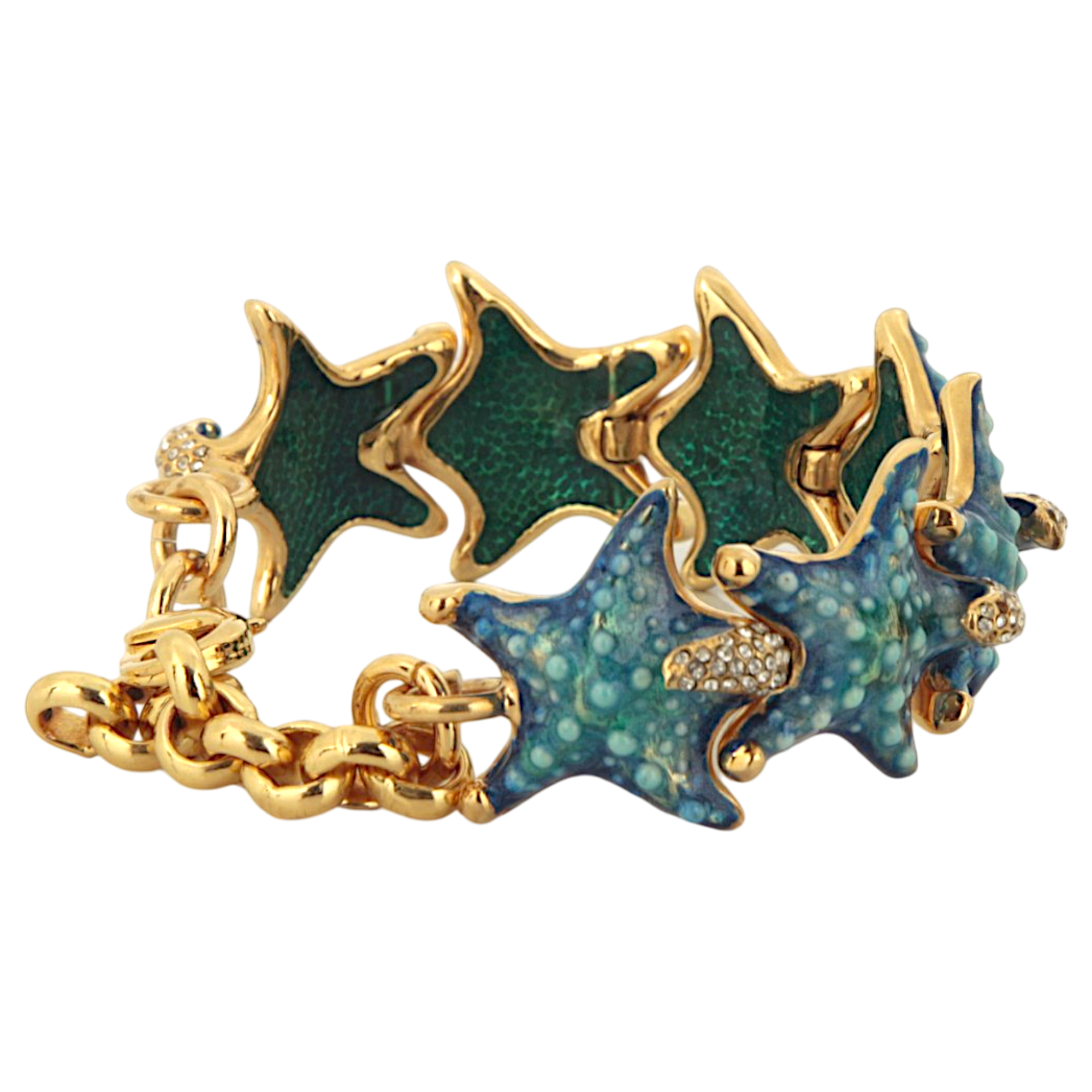 Starfish charm bracelet in hand-enamelled 24 kt gold plated brass with Swarovski crystal details, Made in Italy