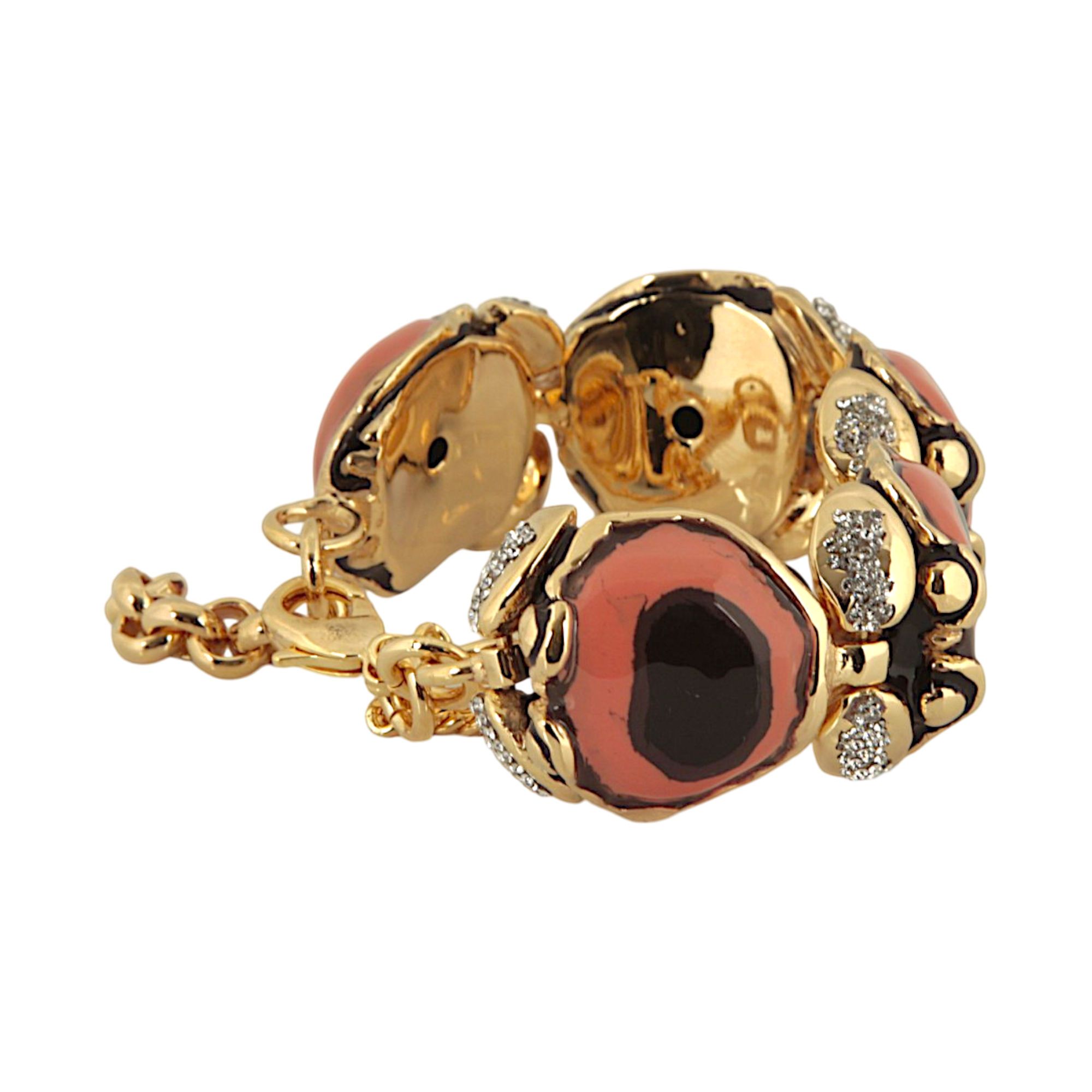 Small articulated crab bracelet in hand-enamelled 24 kt gold plated brass with Swarovski crystal details, Made in Italy