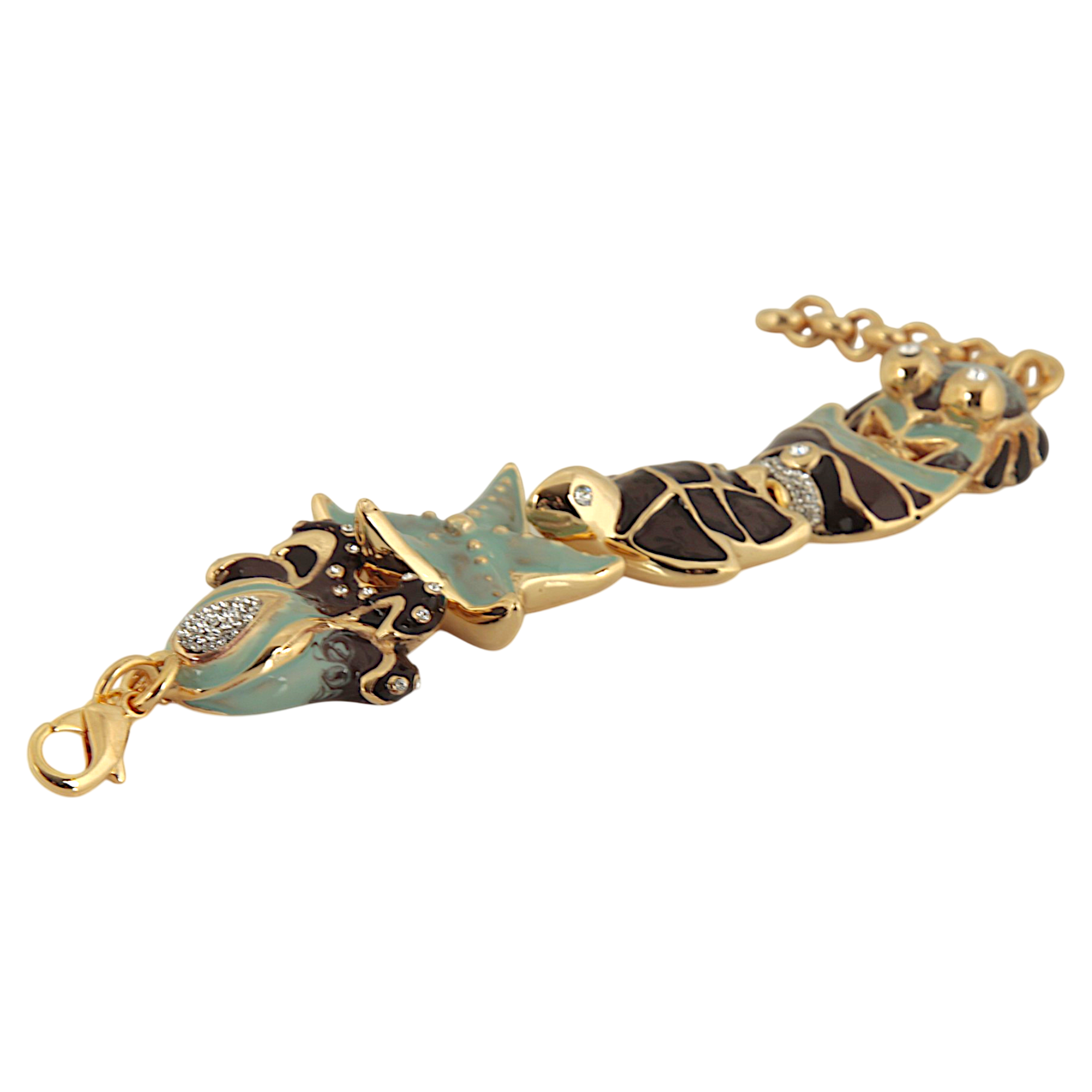 Marine charm bracelet with octopus, fish, crab, starfish and sea turtle elements in hand-enamelled 24 kt gold plated brass, Made in Italy