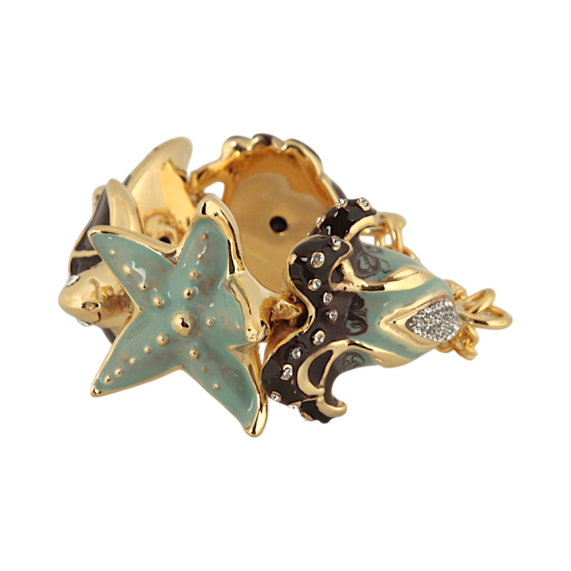Marine charm bracelet with octopus, fish, crab, starfish and sea turtle elements in hand-enamelled 24 kt gold plated brass, Made in Italy