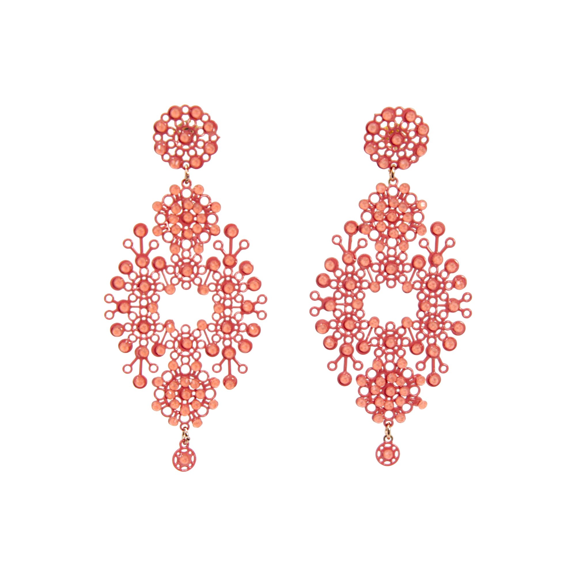 Merletti 03 Openwork Drop Earrings in Coral Rose with enamelled metal laminae and crystal embellishments.
