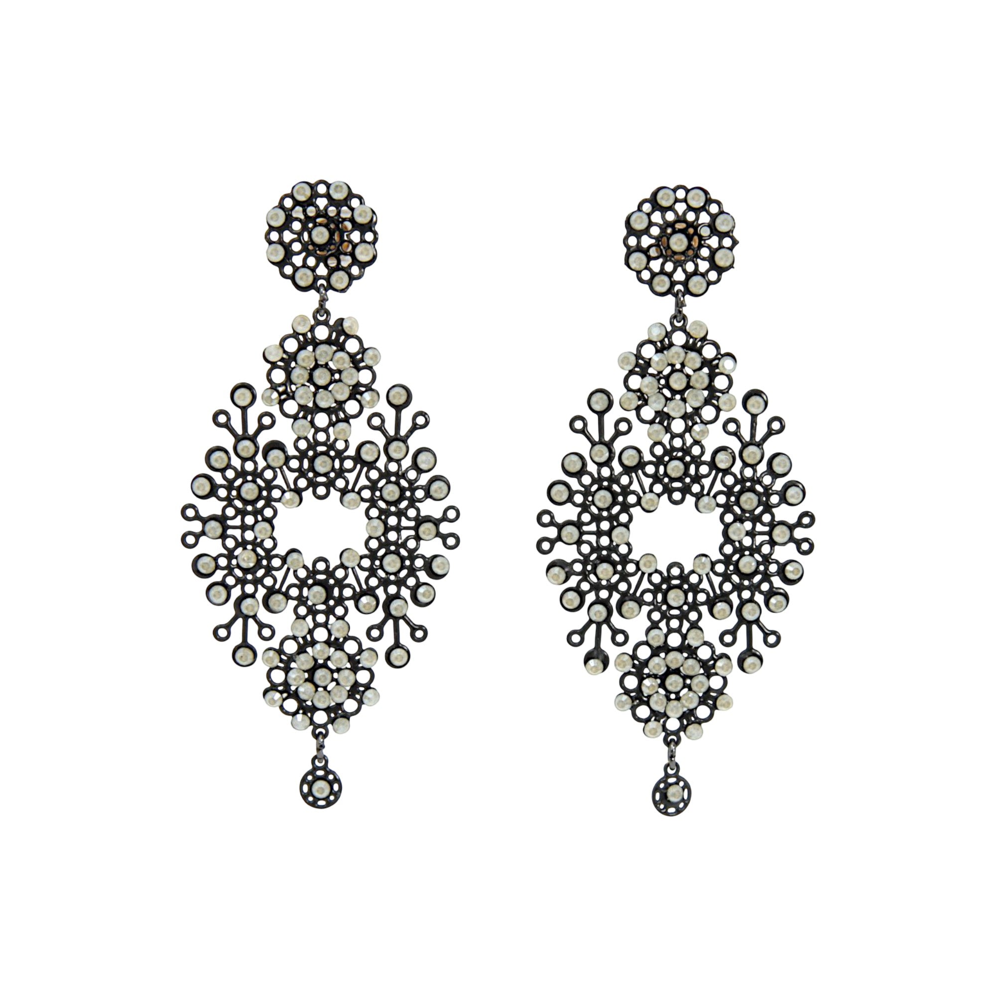 Merletti 03 Openwork Drop Earrings in Black Pearl with enamelled metal laminae and crystal embellishments.