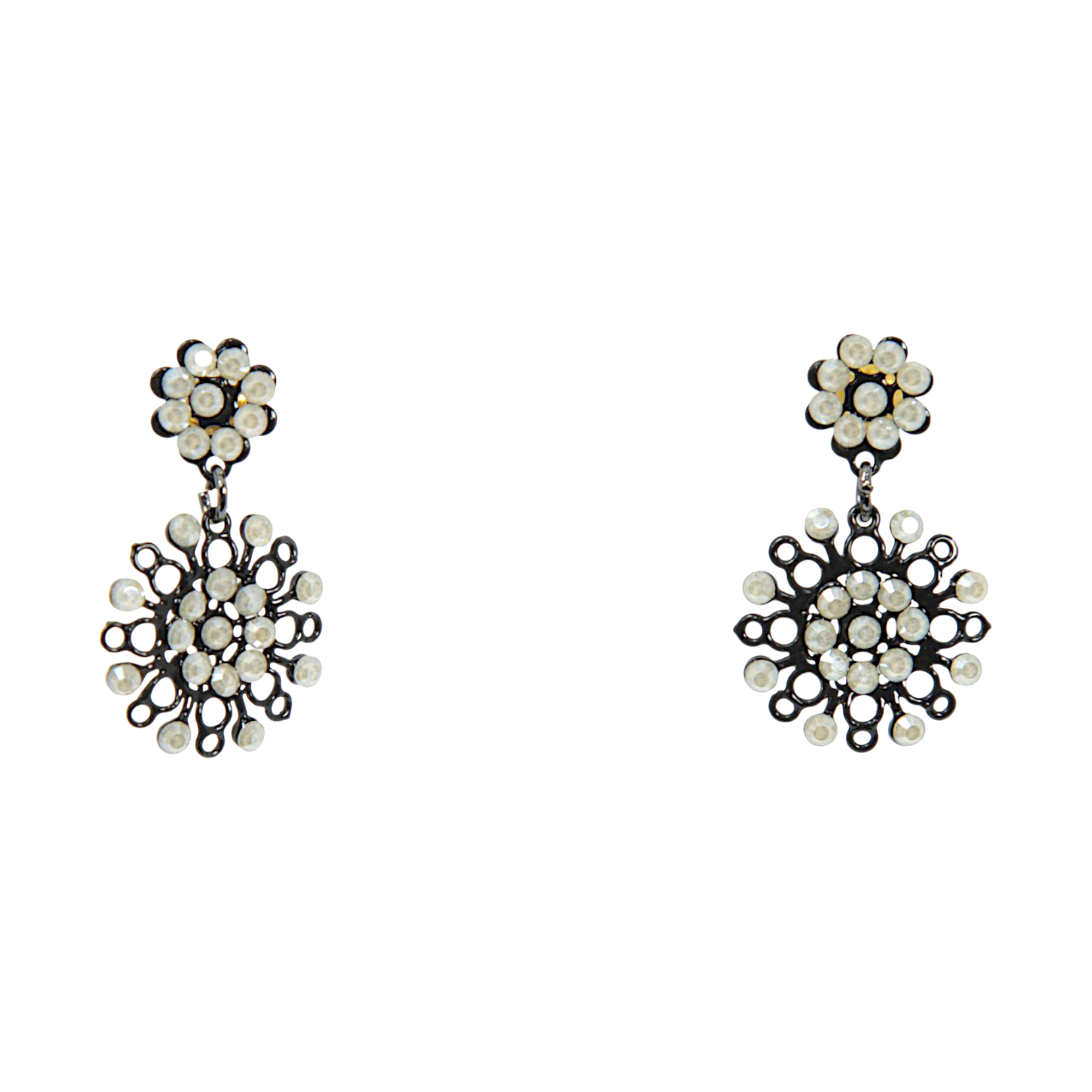 Merletti 04 Petite Drop Earrings in Black Pearl with enamelled metal laminae and crystal embellishments.