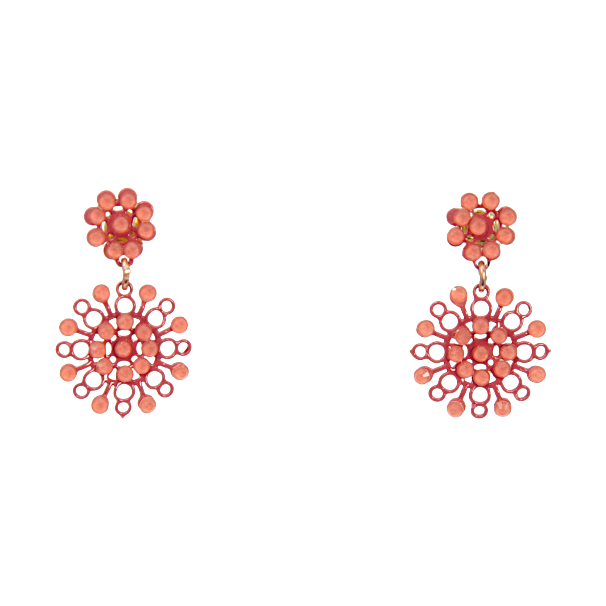 Merletti 04 Petite Drop Earrings in Coral Rose with enamelled metal laminae and crystal embellishments.