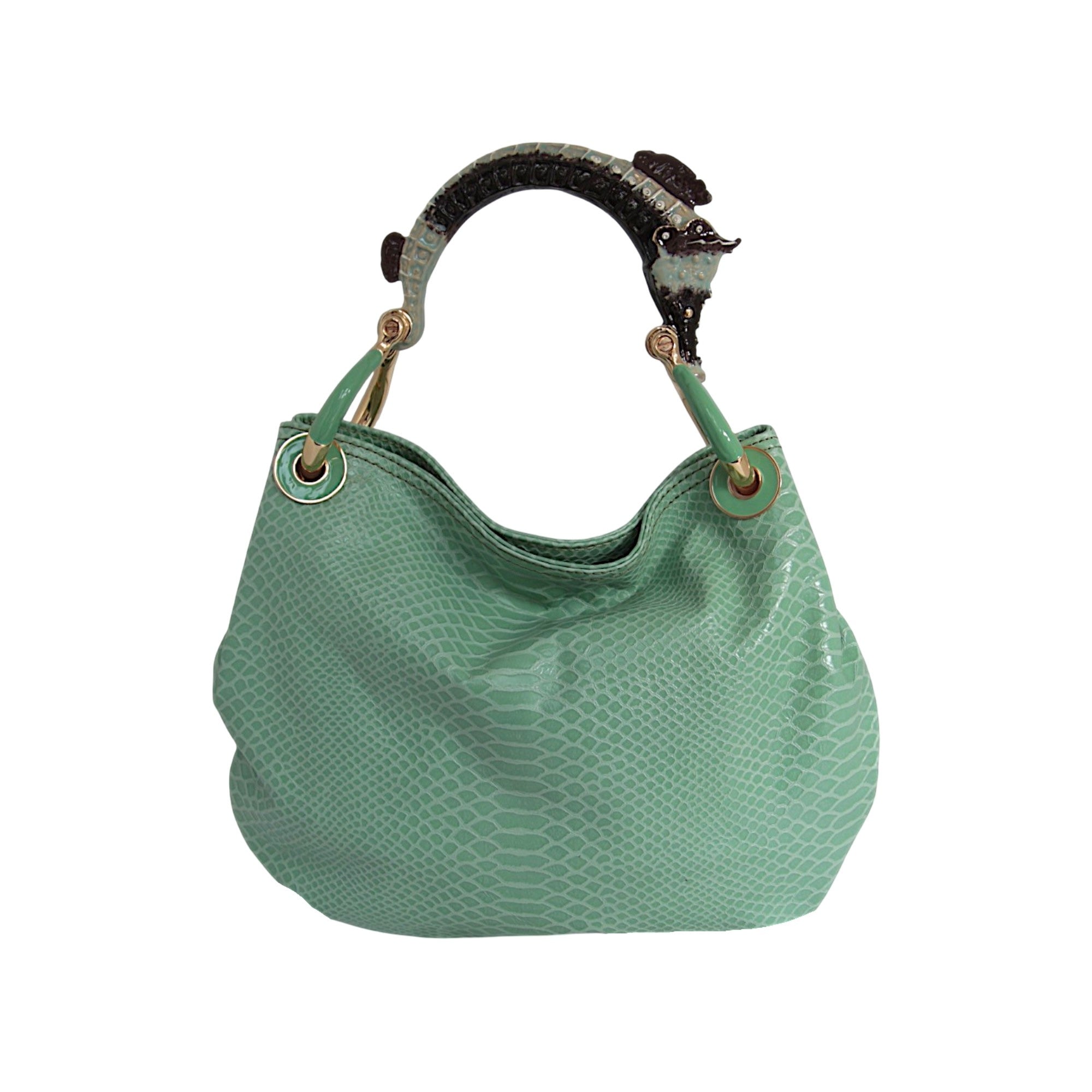 Sea Horse Medium Handbag with Green Lizard-Printed Leather