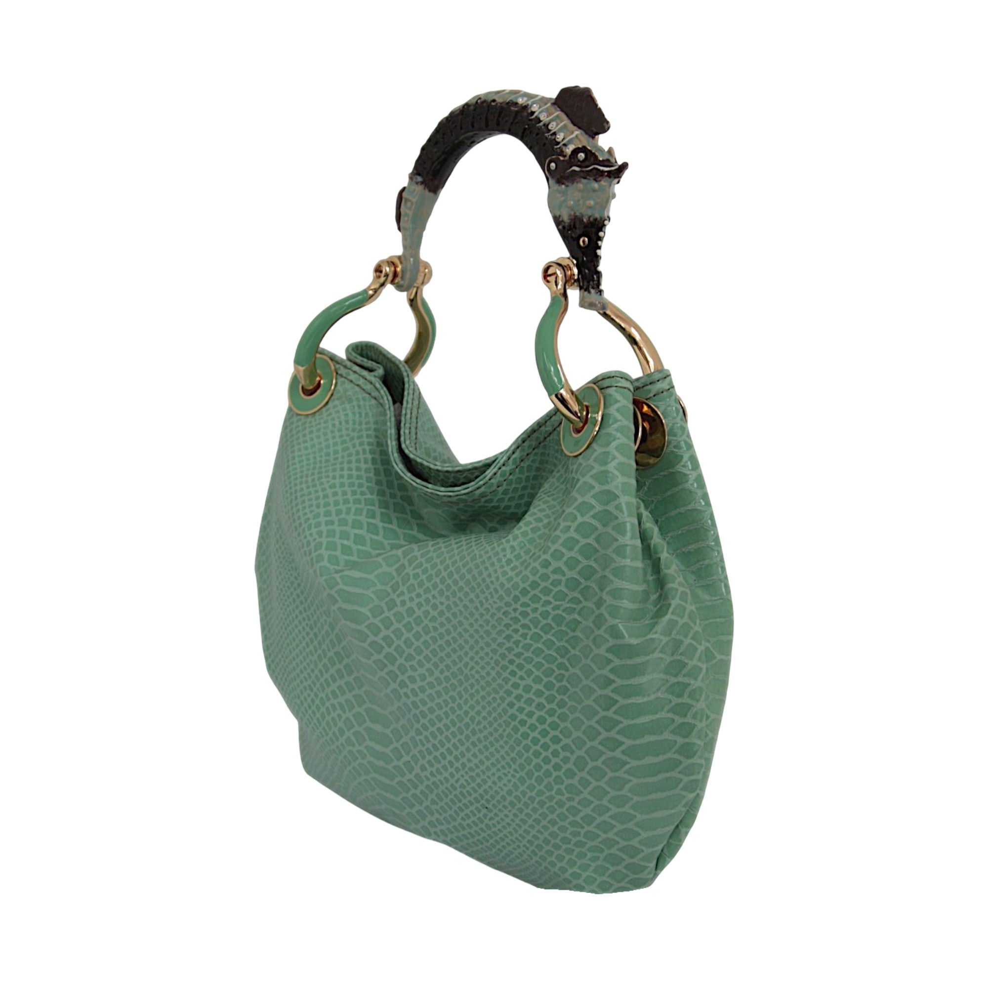 Sea Horse Medium Handbag with Green Lizard-Printed Leather