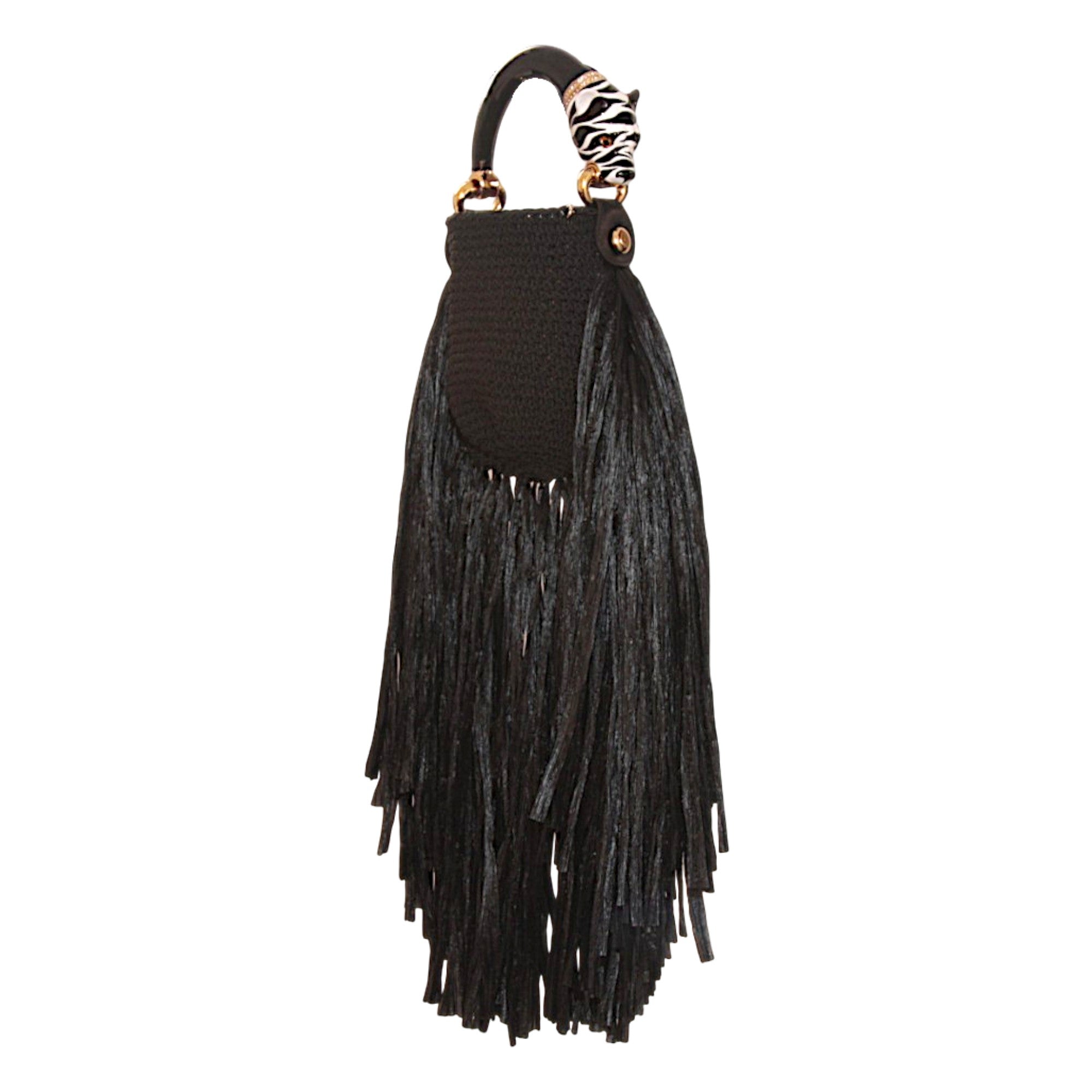 Riviera Fringe Bag – Panther B/W Edition from the Saint Tropez Collection, black woven bag with long black raffia fringes and sculptural panther handle.