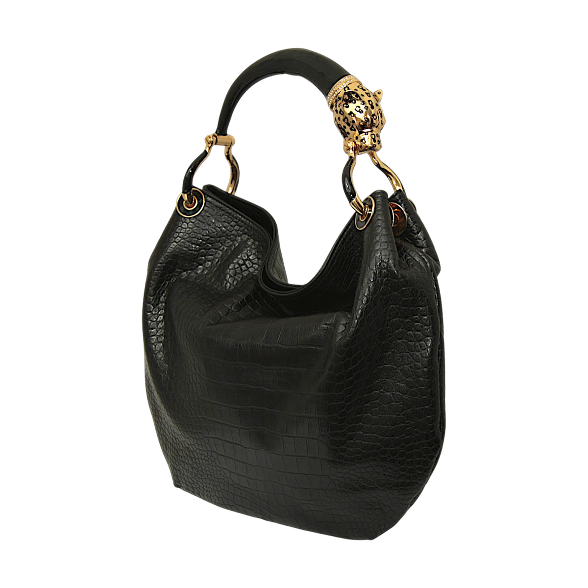 BLACK CROCO PRINTED LEATHER BAG WITH BLACK JAGUAR HANDLE