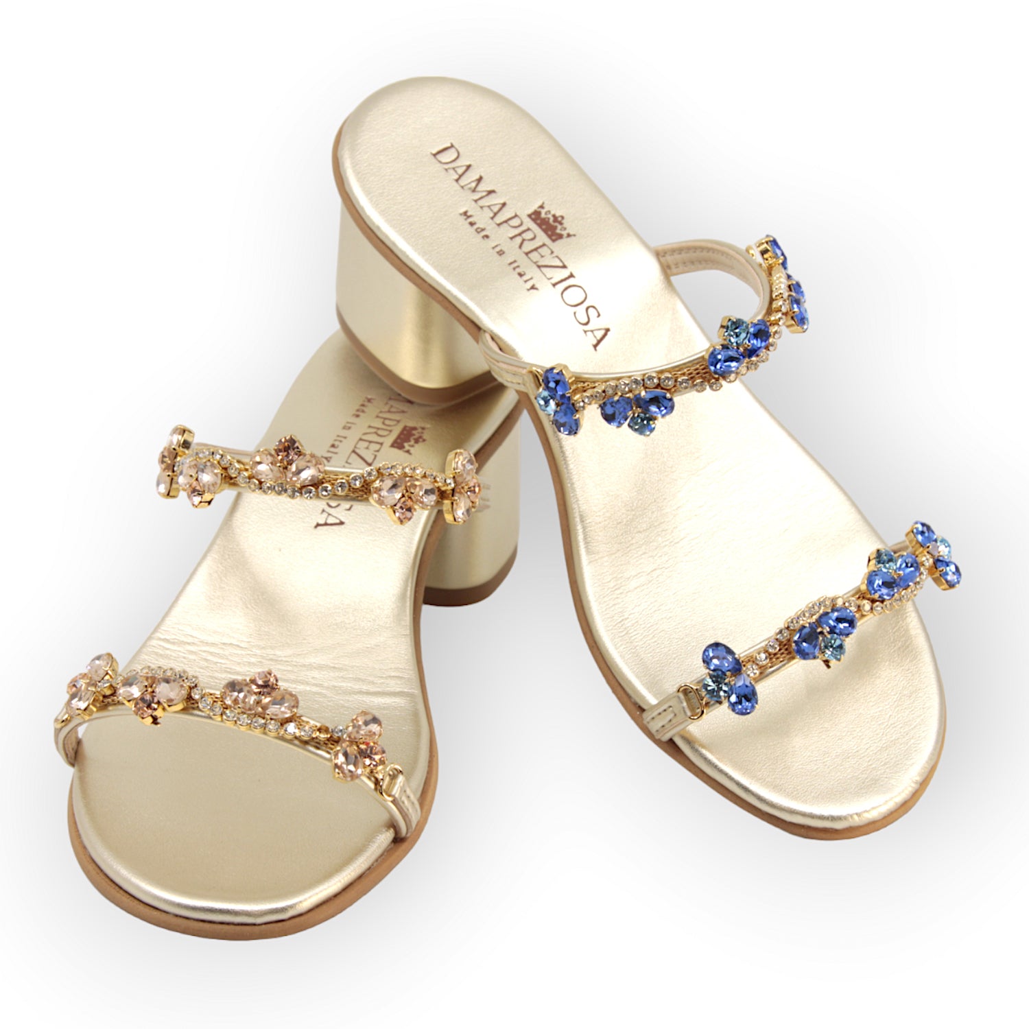 Kate Gold Sandal In Blue Shades Crystals