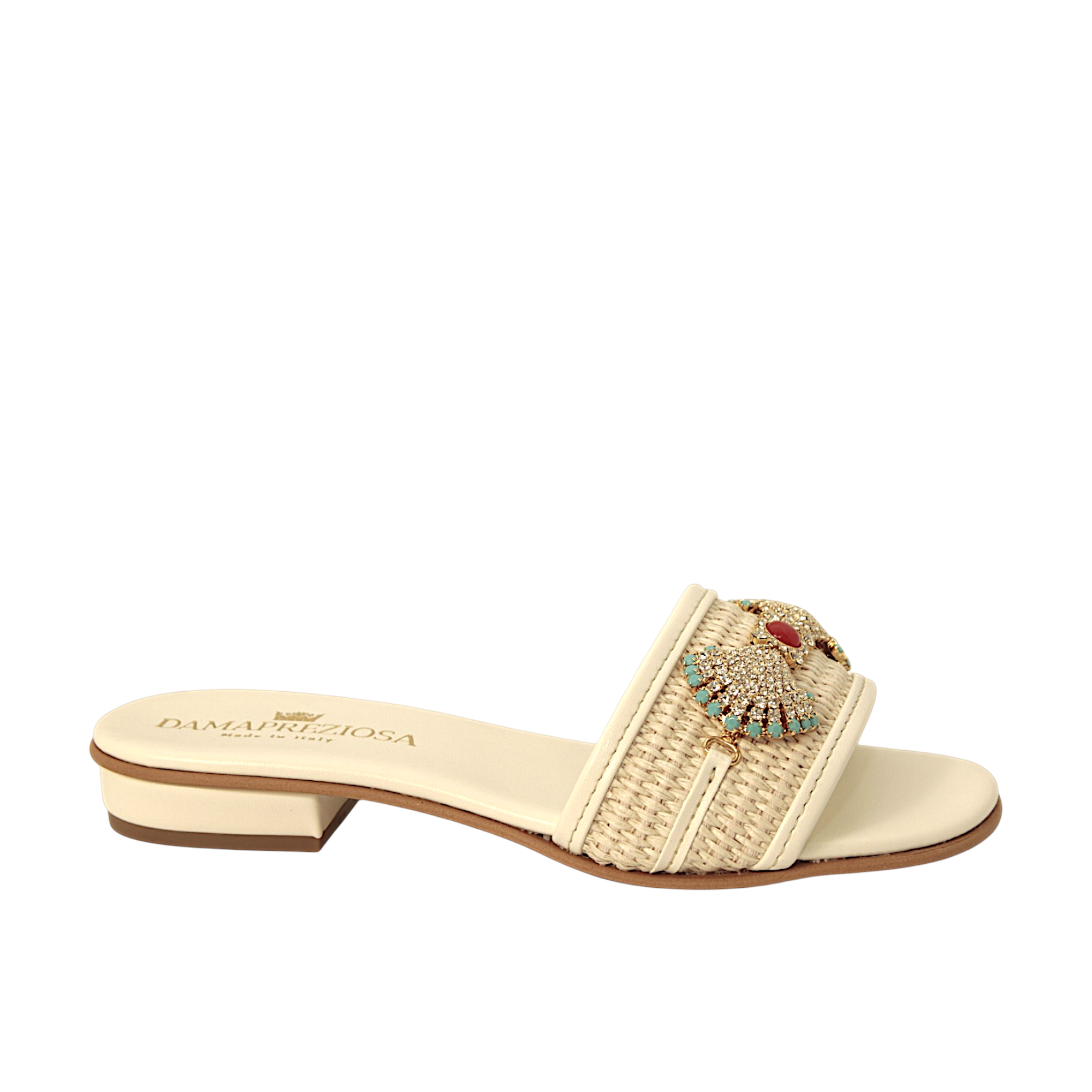 Side view of Venere Raffia Mule in natural raffia with ivory Ohoskin and 2 cm heel