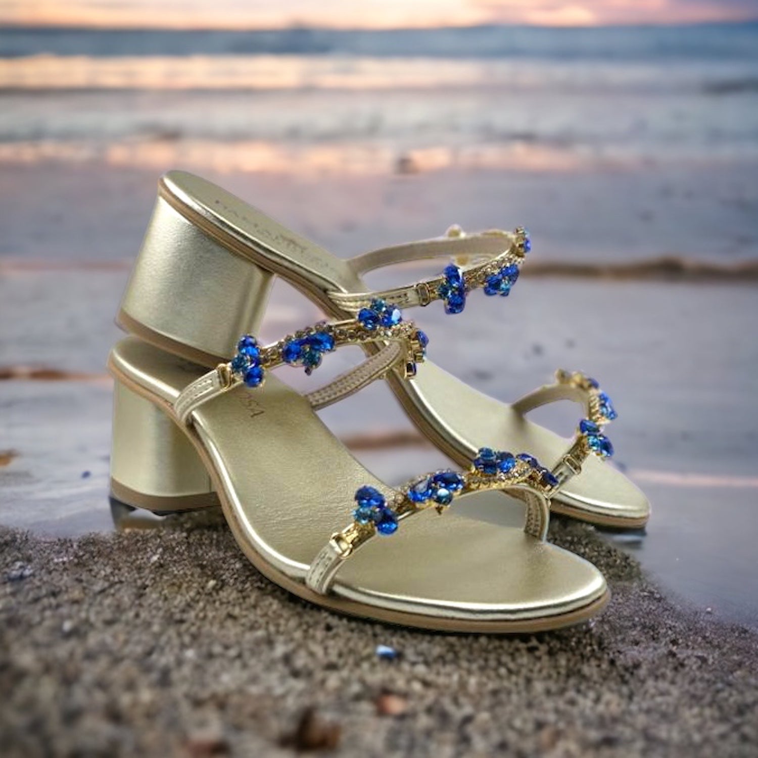 Kate Gold Sandal In Blue Shades Crystals