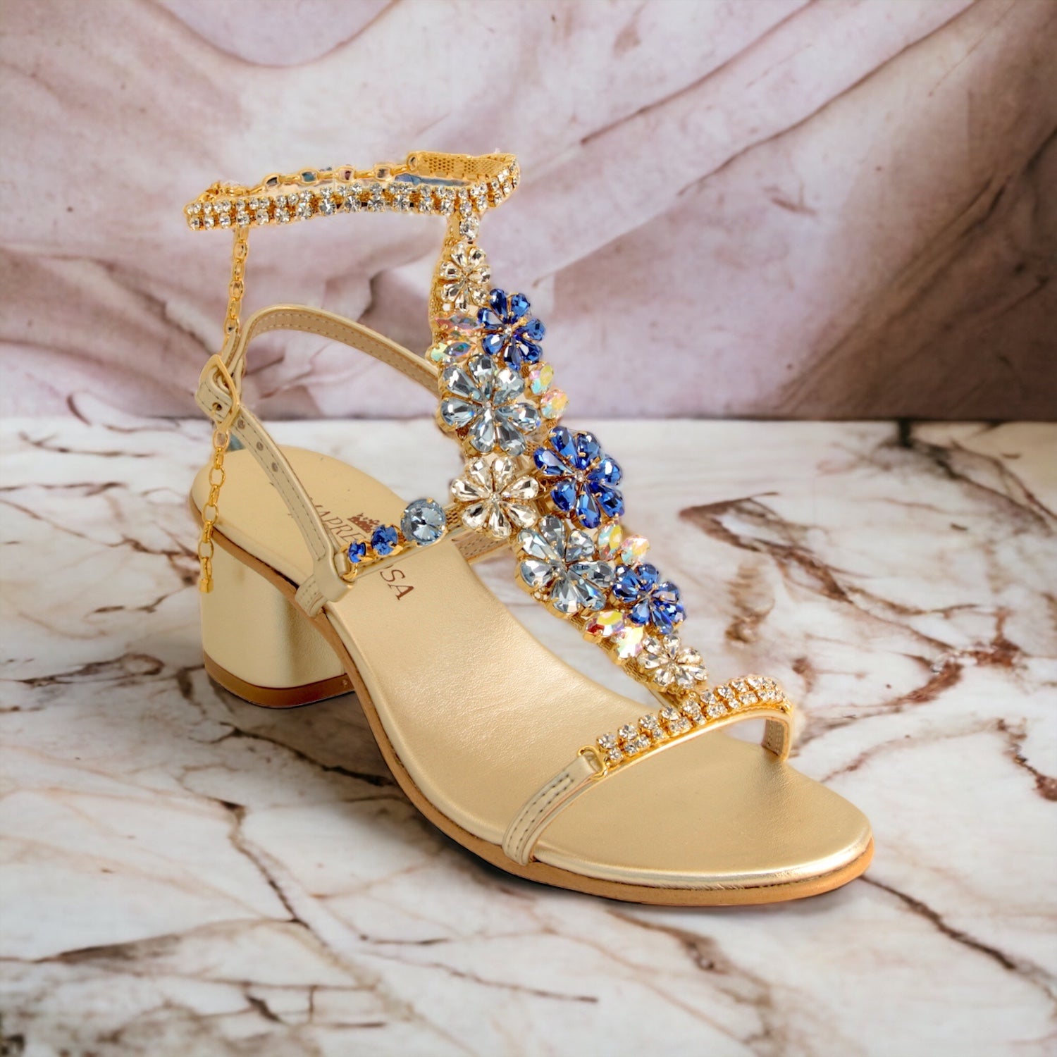 Daisy Aquamarine, Jewel Sandal With Crystal Flowers And Block Heel