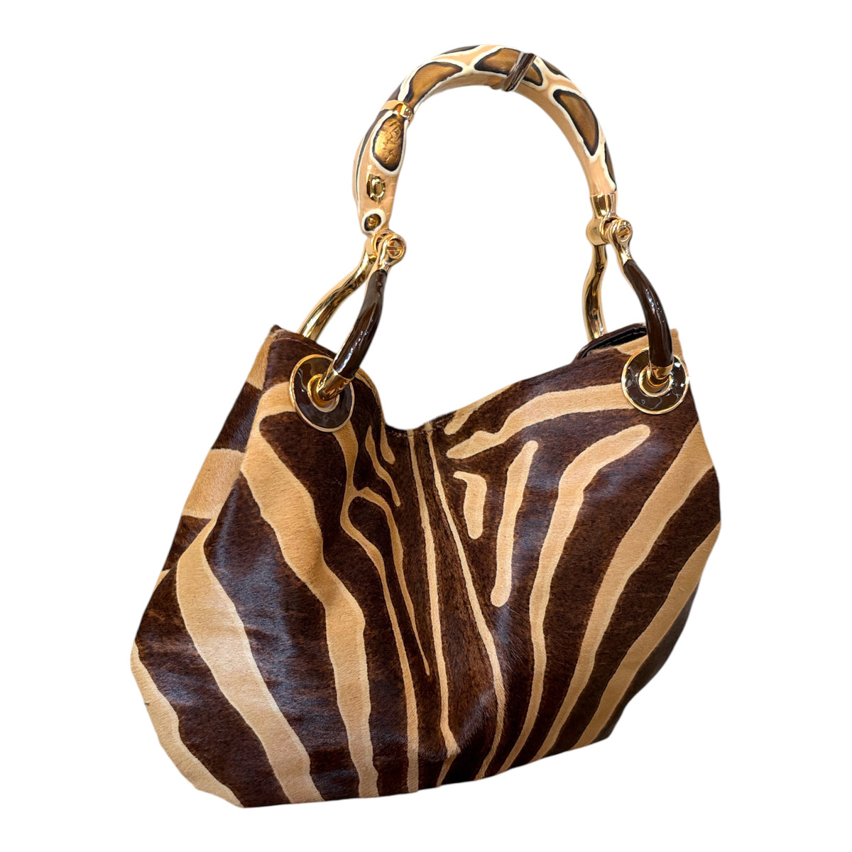 brown zebra-print pony hair medium handbag with snake sculpture handle