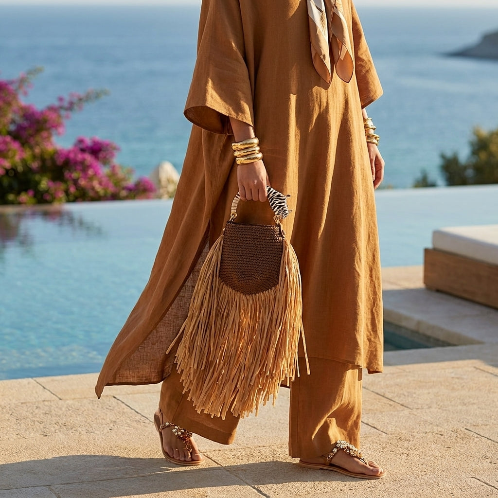 Handwoven textile and raffia bag with dramatic fringes and rhinoceros-inspired sculptural handle. Part of the Saint Tropez Collection selected by INGASIRMIONE.