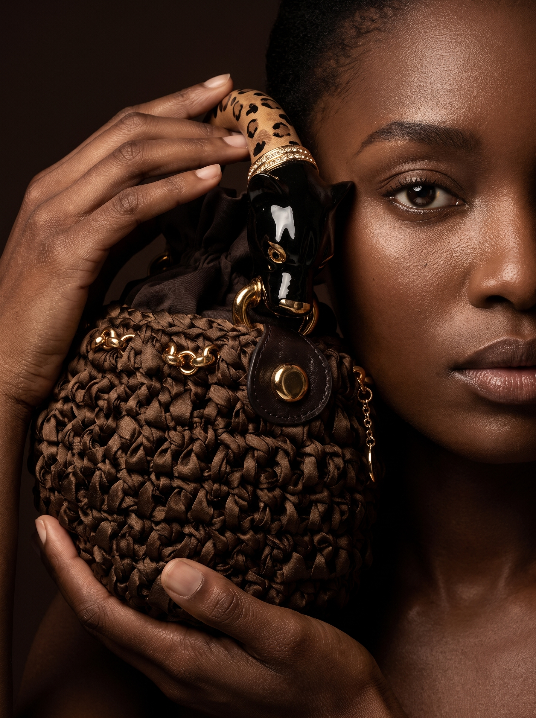 Coffee color Bucket Bag with Panther Savage Royal Sculpture Handle