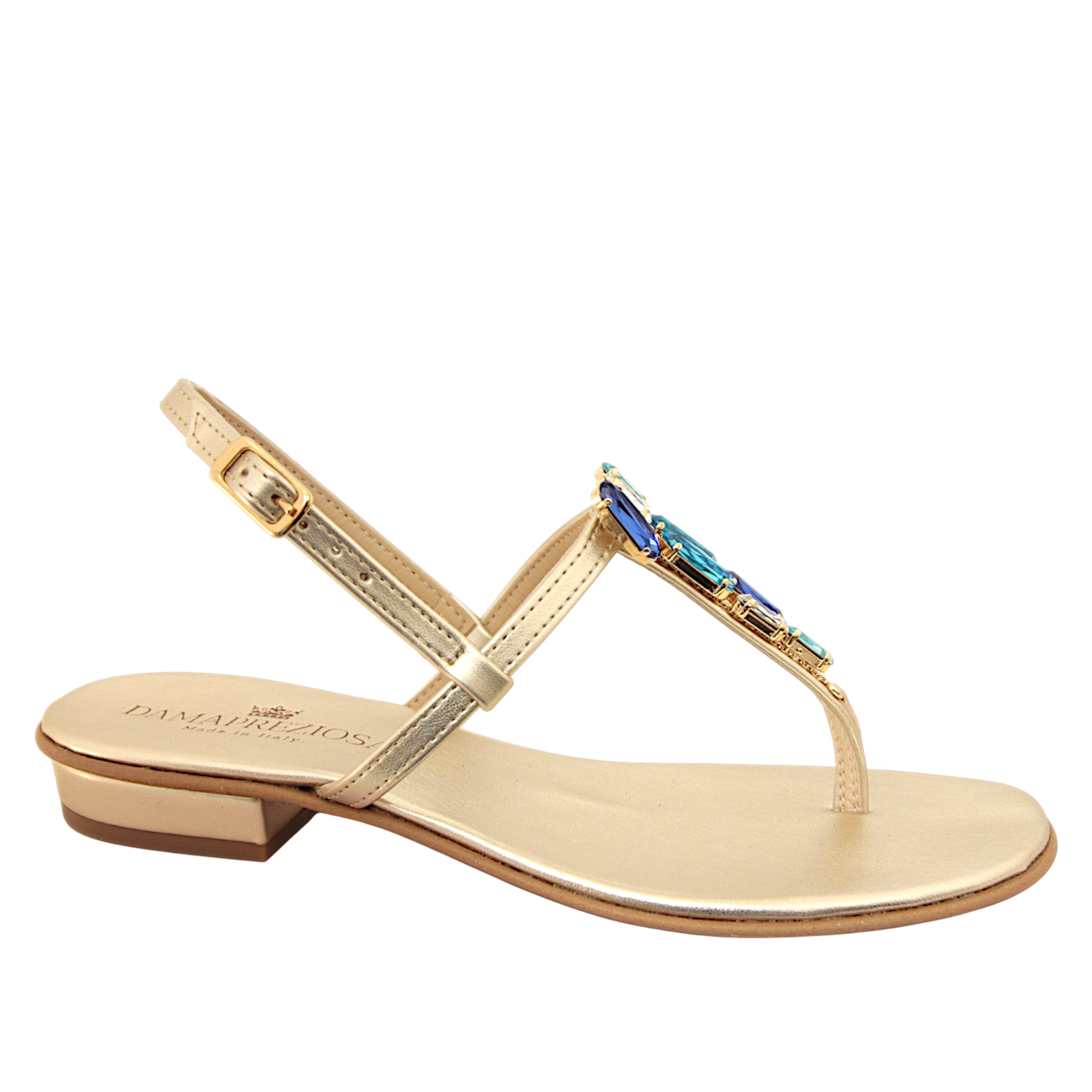 Selene Sapphire Jewel Sandal with sapphire blue and aqua embellishments handmade in Italy
Elegant jewel sandal with blue crystal details and refined feminine silhouette
Refined DAMAPREZIOSA sandal born in Sirmione with luminous sapphire-toned embellishments