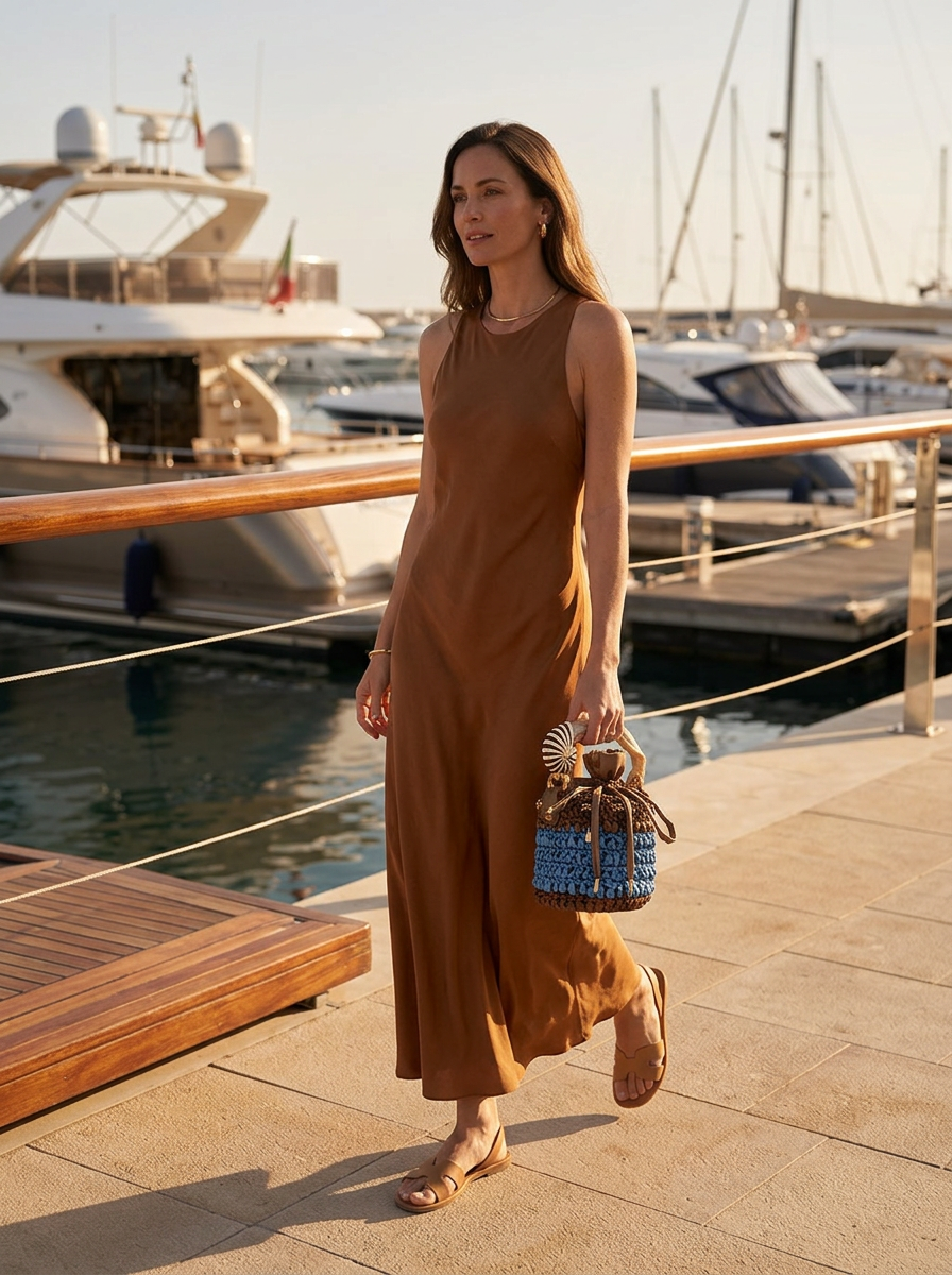 Two-tone blue and brown bucket bag in crocheted satin with nautilus sculpture handle