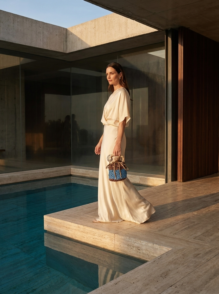 Two-tone blue and brown bucket bag in crocheted satin with nautilus sculpture handle