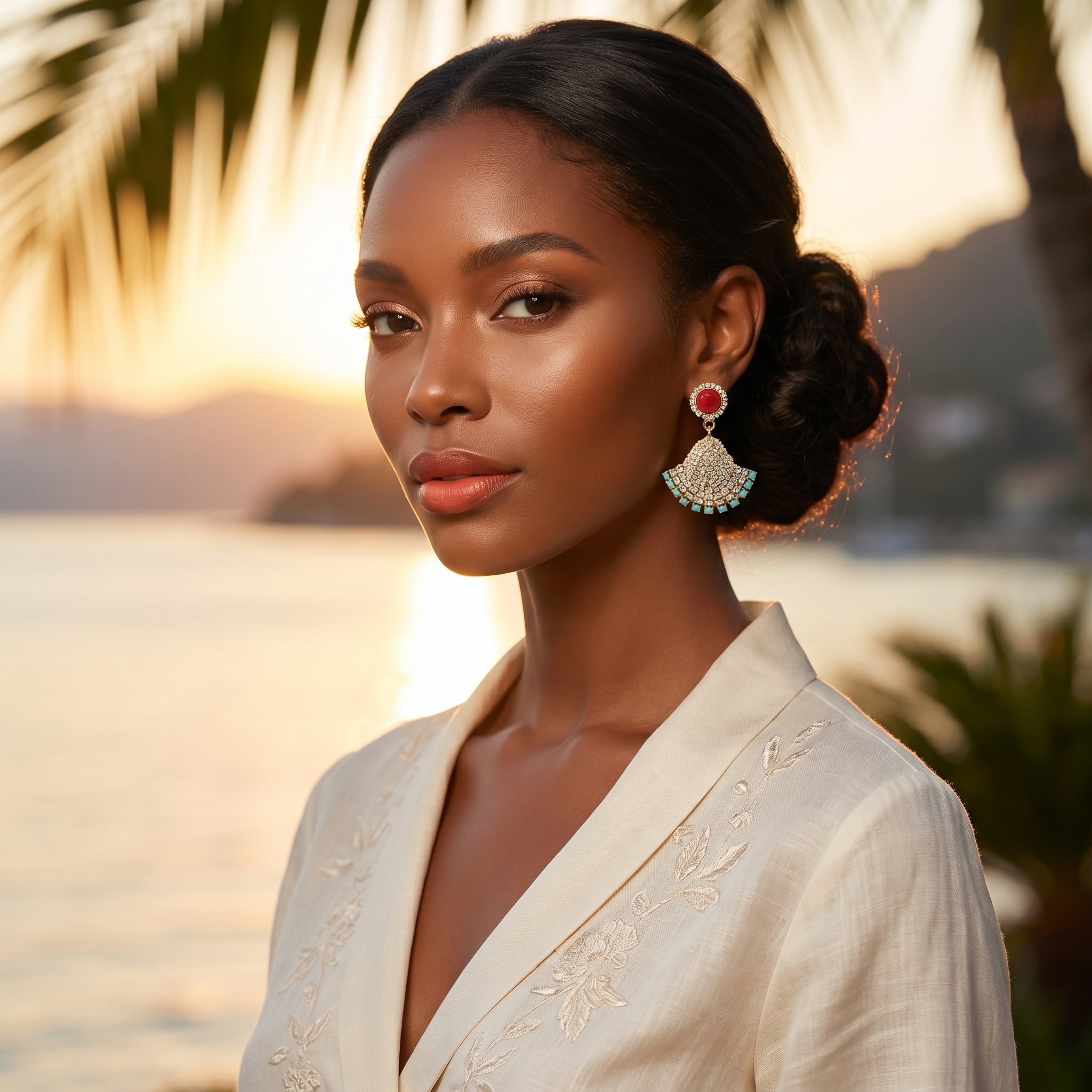 Venere Coral Fan Earrings with coral-tone cabochon, crystal pavé fan motif and turquoise accents
Statement gold-tone fan earrings with red coral-style top and sparkling crystal embellishment
Mediterranean-inspired drop earrings from the Venere Capsule Collection
Venere Coral Fan Earrings worn with elegant evening styling