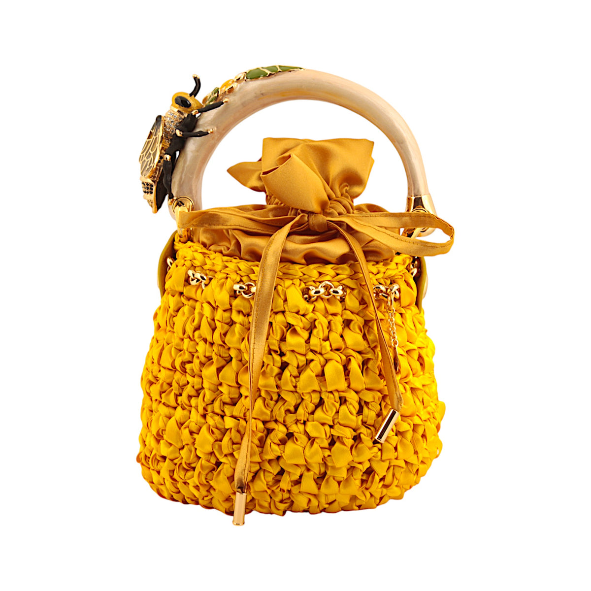 Yellow crocheted satin bucket bag with sculptural bee handle, enamel details and gold-tone hardware, handmade in Italy