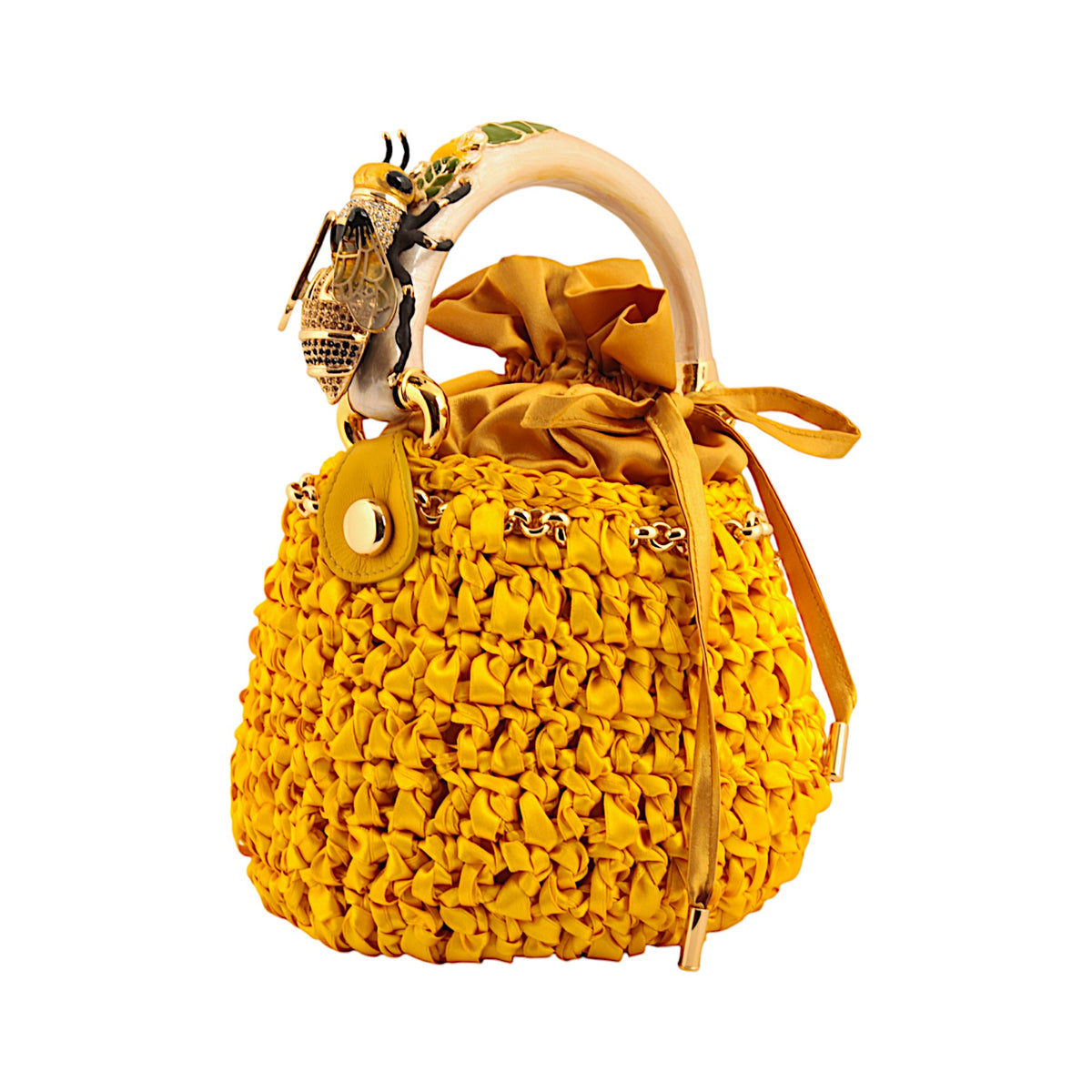 Yellow crocheted satin bucket bag with sculptural bee handle, enamel details and gold-tone hardware, handmade in Italy