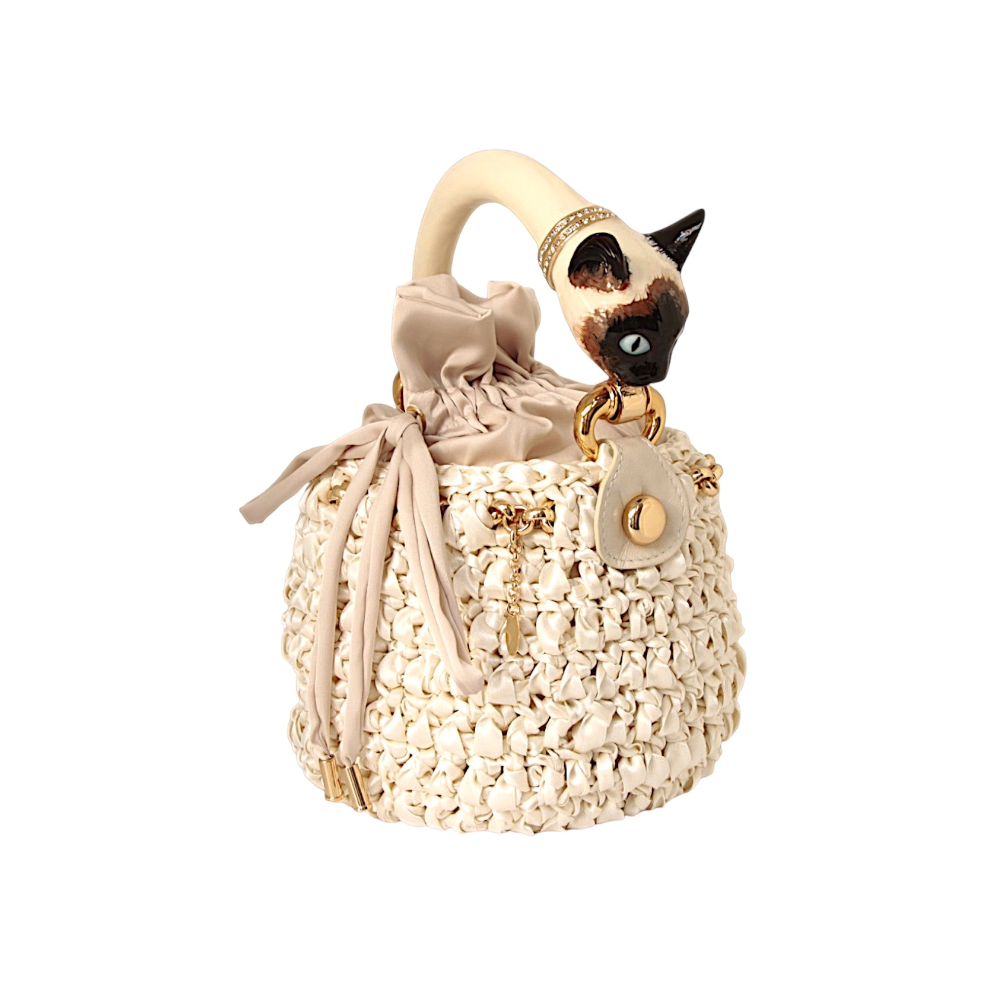 Handmade Italian ivory bucket bag with sculptural cat handle