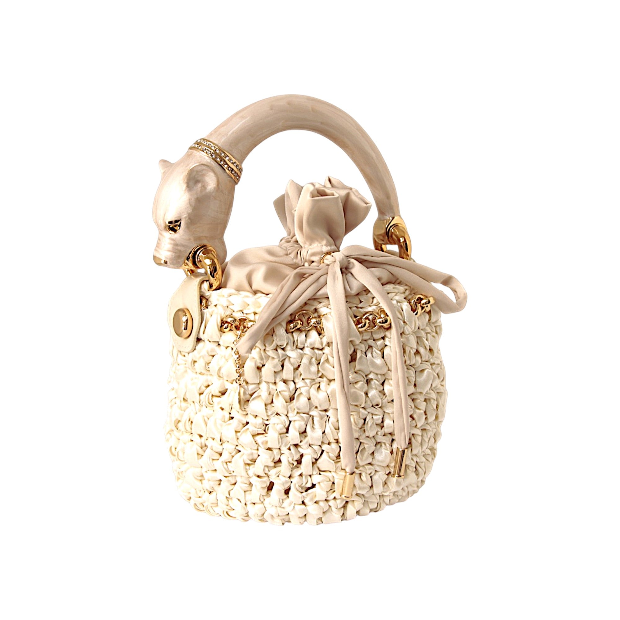 Handmade Italian ivory bucket bag with sculptural pearlescent panther handle