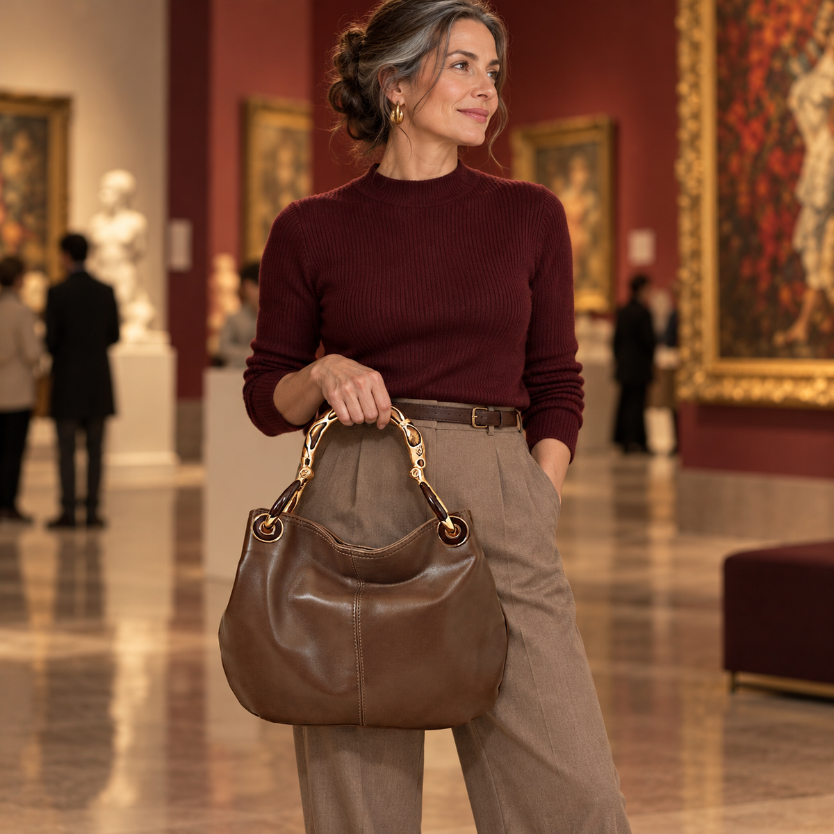 Woman carrying the INGA brown leather medium handbag with snake sculpture handle, styled for autumn.