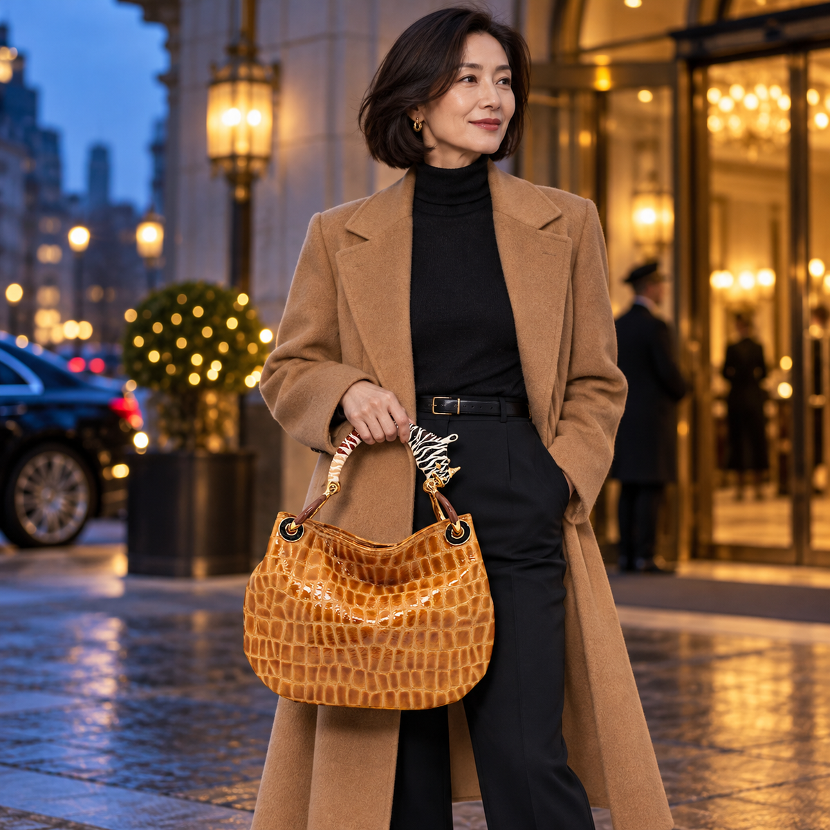 Woman carrying the INGA tan croco-embossed leather medium handbag with rhino sculpture handle, styled for winter.
