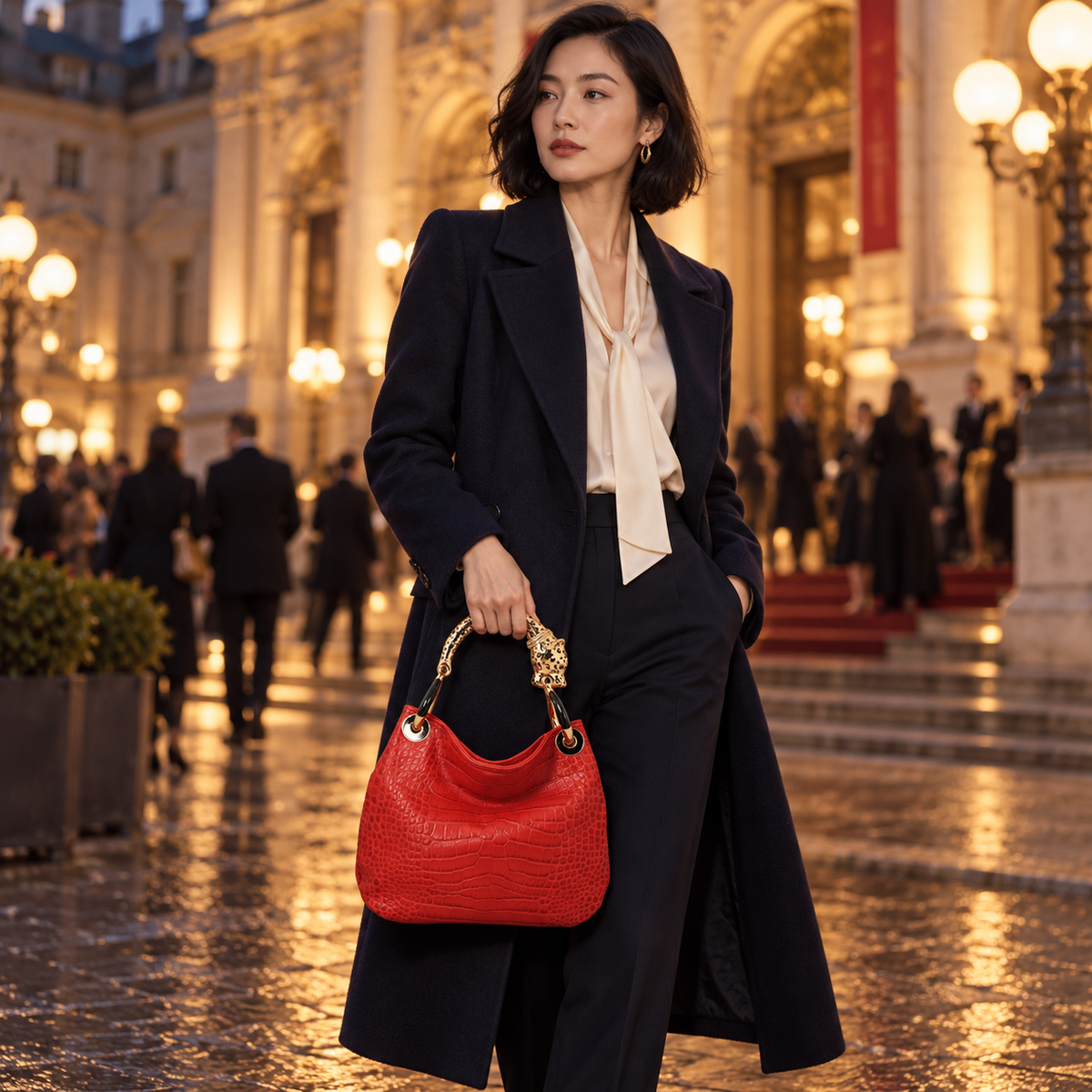 Woman carrying the INGA red croco-embossed leather medium handbag with jaguar sculpture handle, styled for winter.