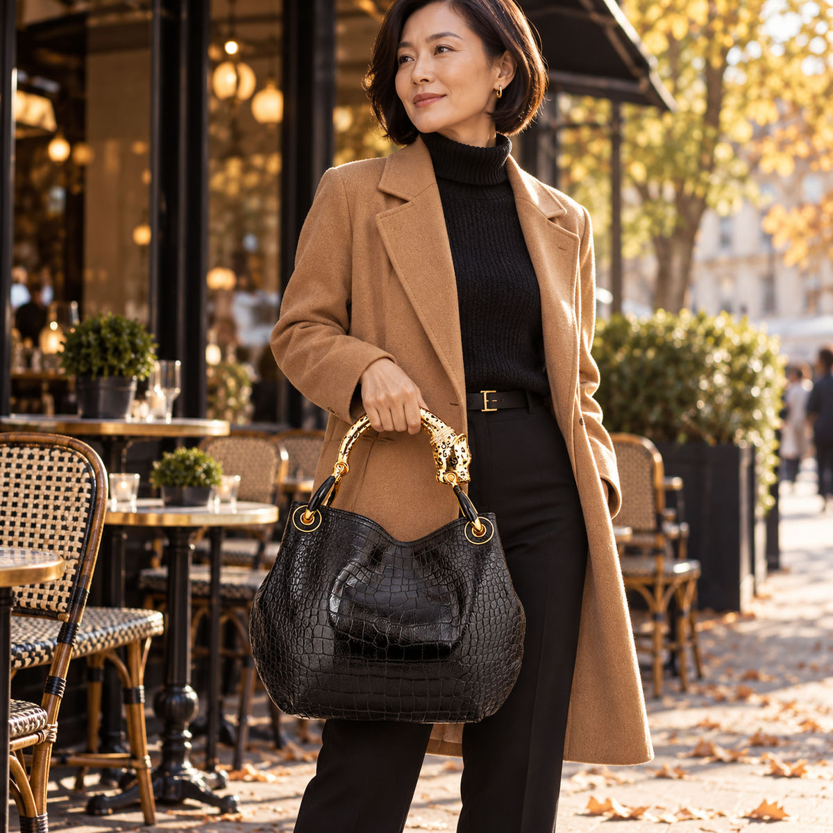 Woman carrying the INGA black croco-embossed leather medium handbag with gold jaguar sculpture handle, styled for autumn.